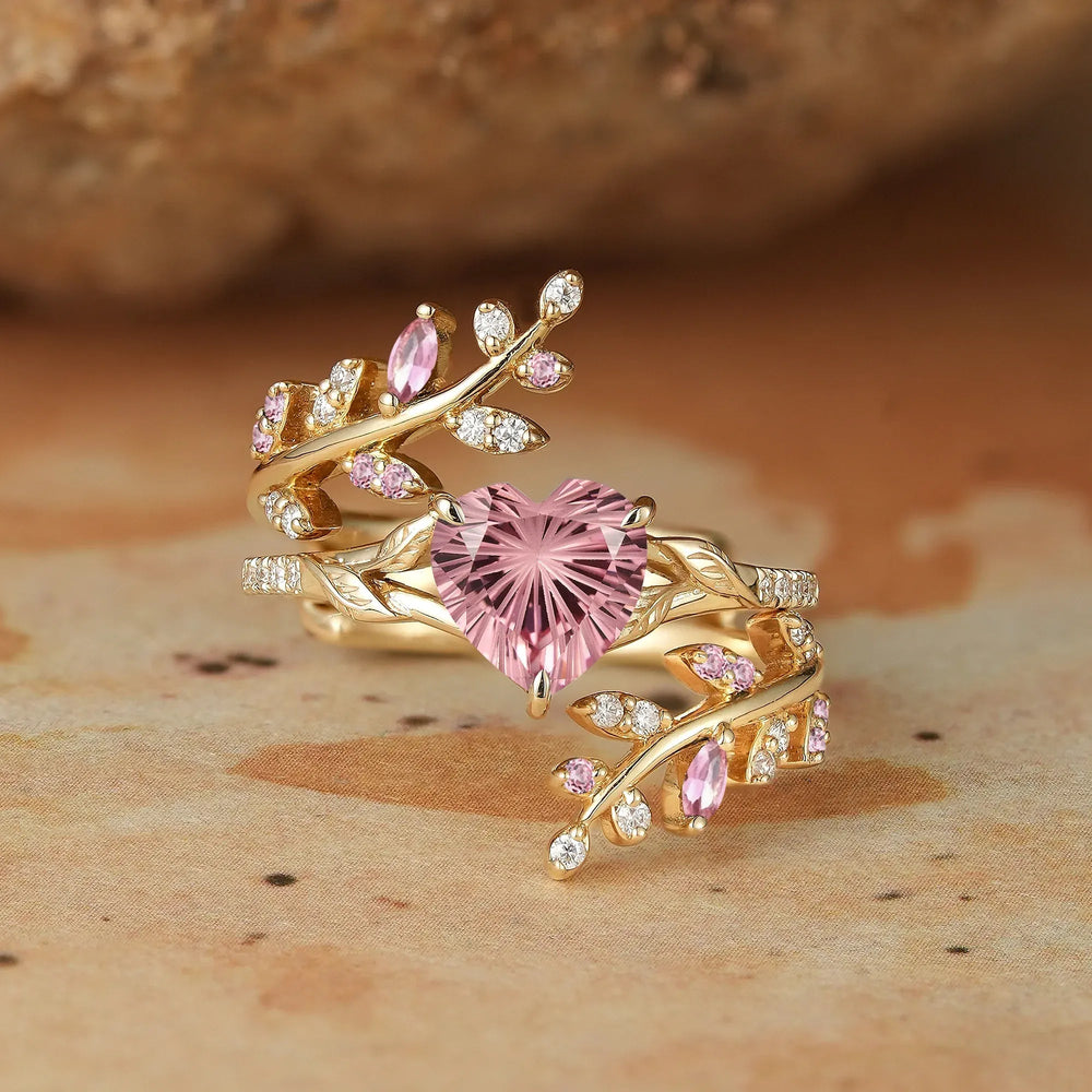 Aphrodite's Enchanted Vine | A Mythical Heart Shaped Sparkle Cut Padparadscha Engagement Ring Set