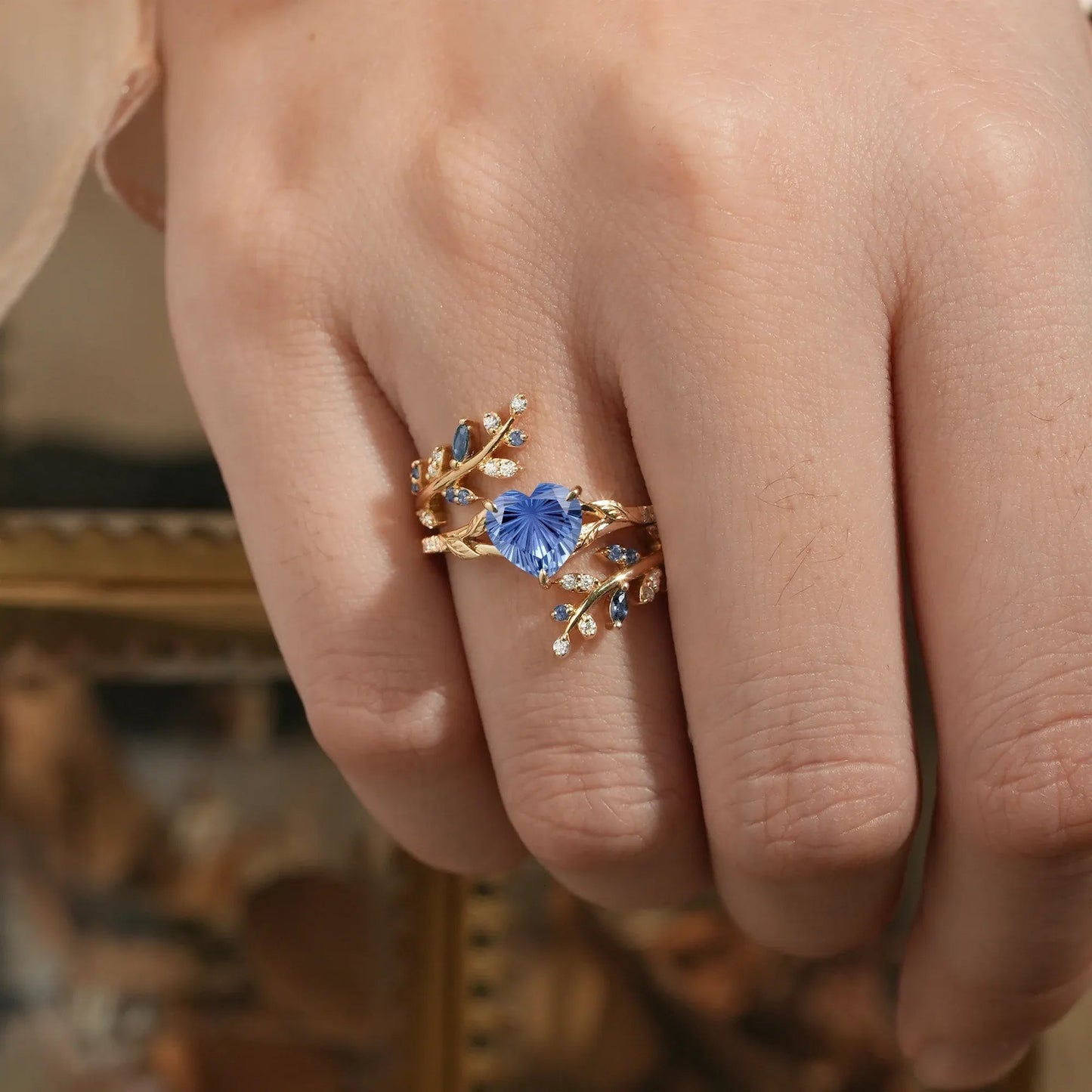 Aphrodite's Enchanted Vine | A Mythical Heart Shaped Sparkle Cut Sapphire Engagement Ring Set - GemsMagic