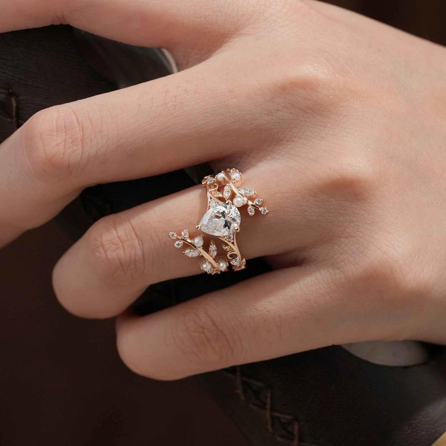 Aphrodite's Enchanted Vine | Moissanite & Pearl Ring Set - Siobhan - GemsMagic