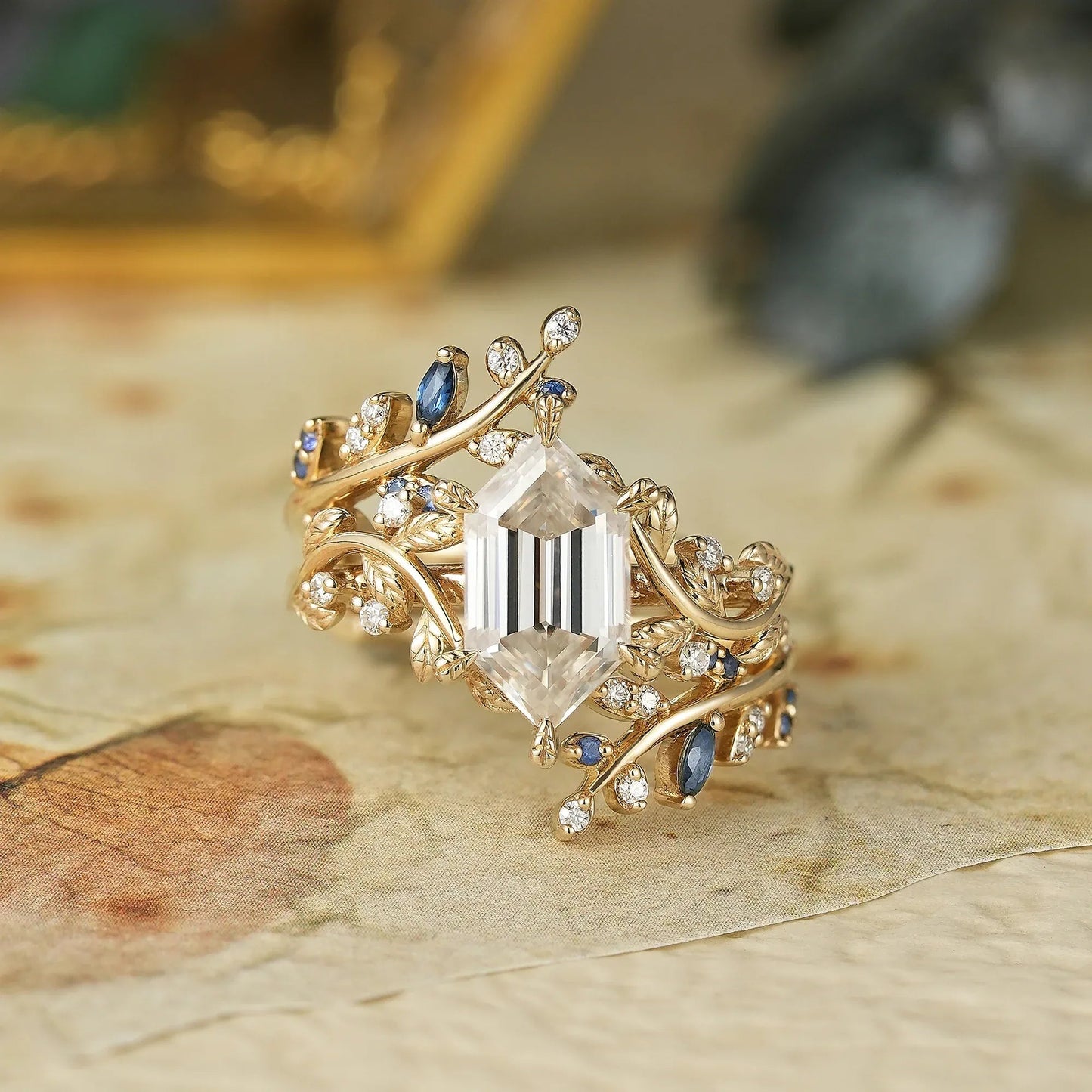 Aphrodite's Long - Hexagon - Cut Moissanite Vine Ring with Blue Sapphires - Oriana - GemsMagic