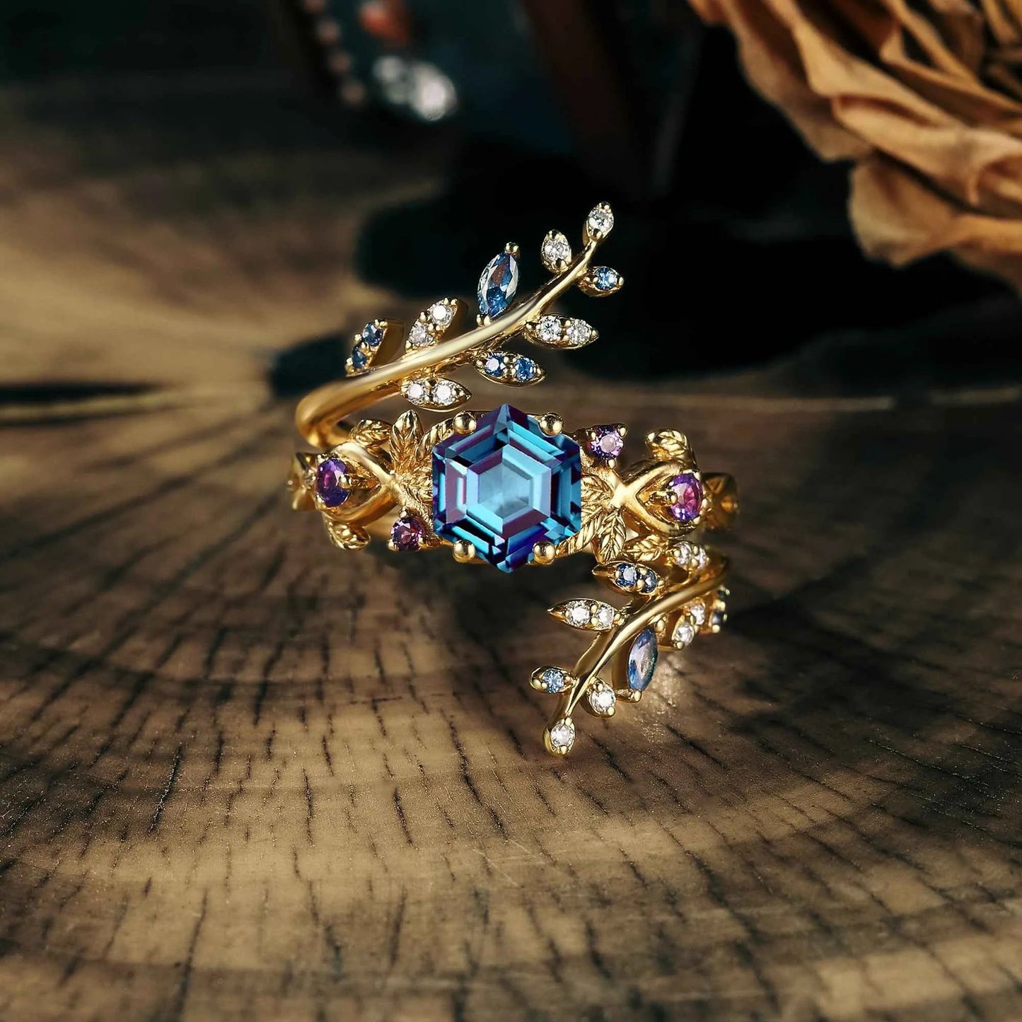 Aphrodite's Rhododendron Catawbiense Inspired Alexandrite Ring Set - Thala - GemsMagic