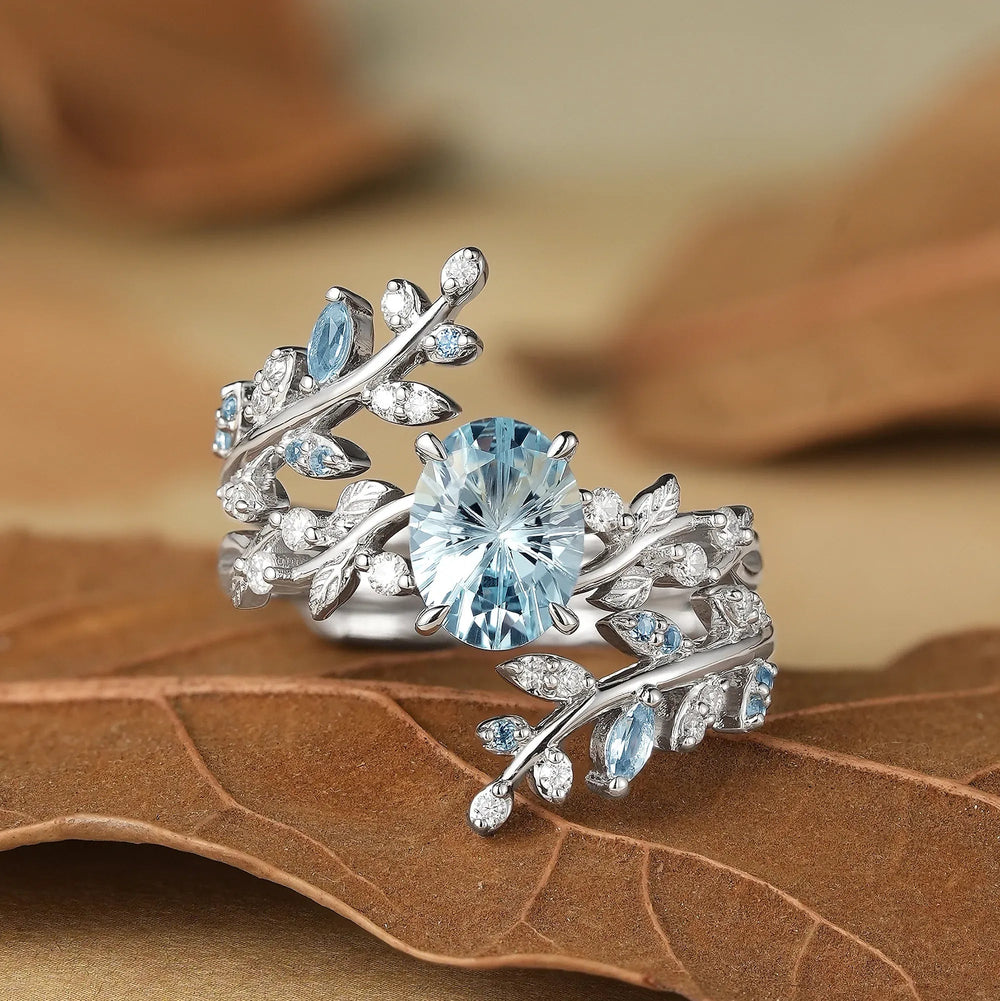 Aphrodite's Sparkle Cut Lab Grown Aquamarine Cross Leaf Ehancer Ring Set - Kira