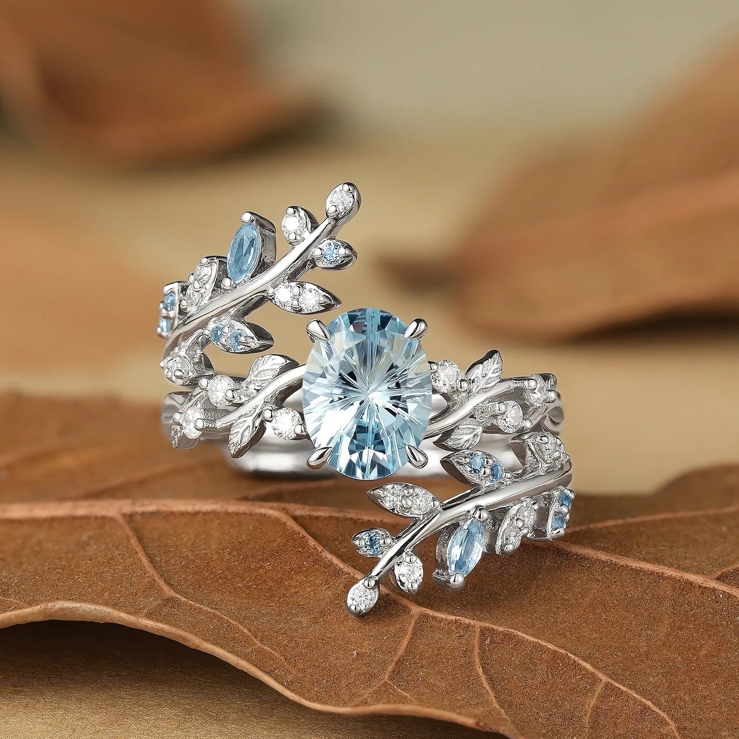 Aphrodite's Sparkle Cut Lab Grown Aquamarine Cross Leaf Ehancer Ring Set - Kira - GemsMagic