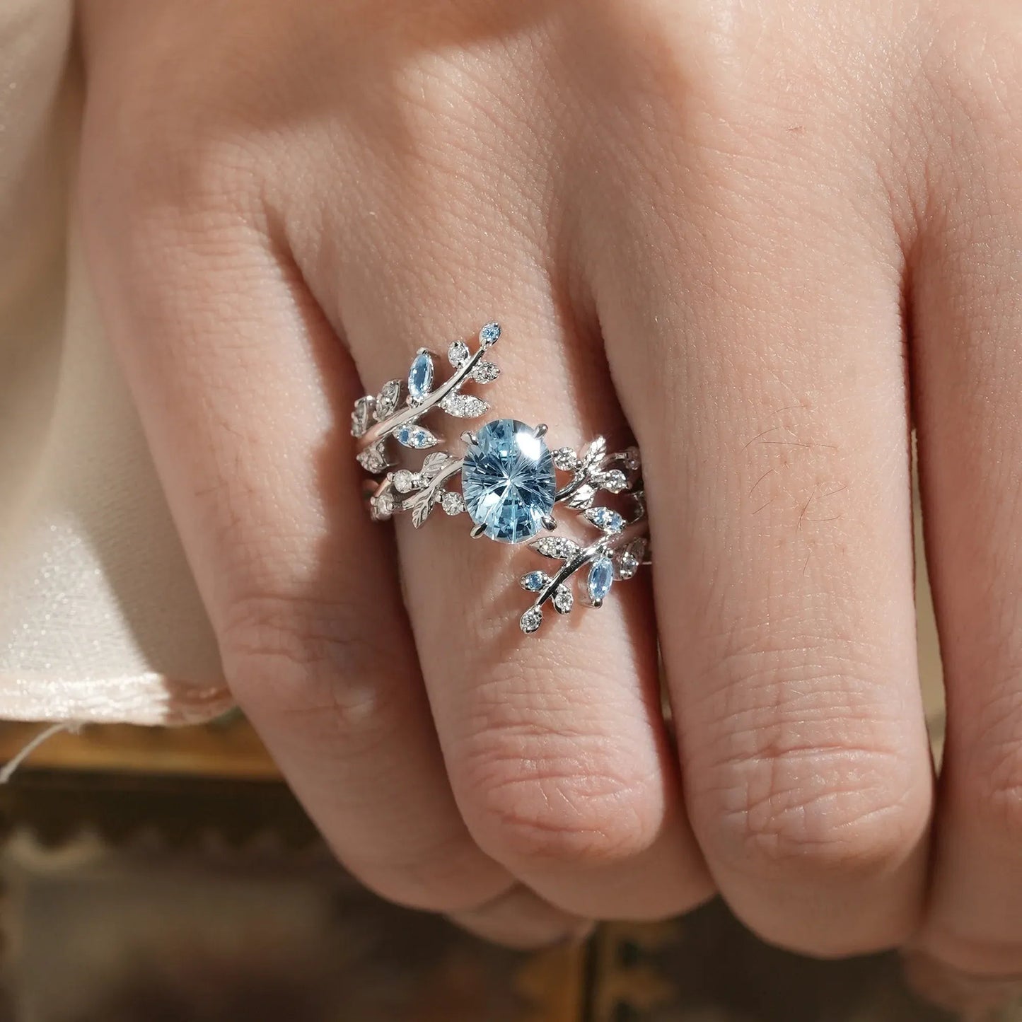 Aphrodite's Sparkle Cut Lab Grown Aquamarine Cross Leaf Ehancer Ring Set - Kira - GemsMagic