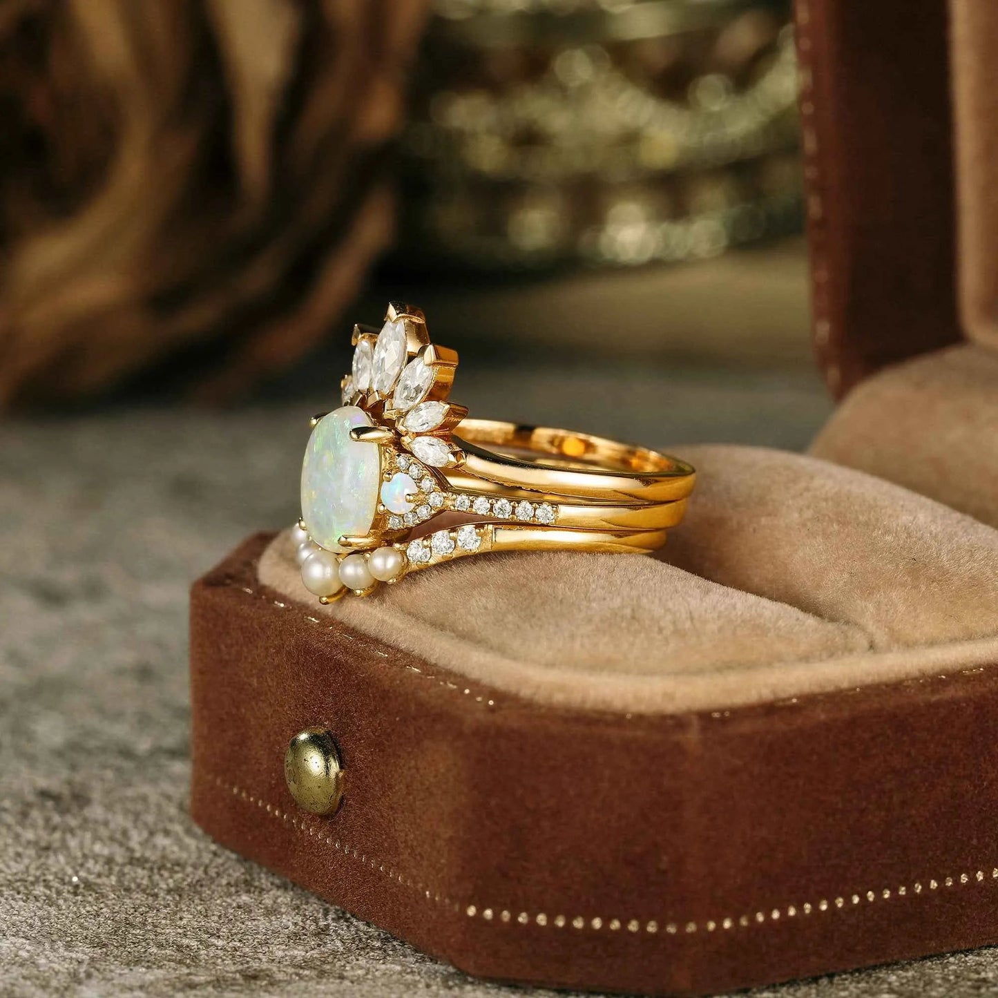 Bangkok Impressionist Inspired Design Opal Ring Set 3pcs - GemsMagic - GemsMagic