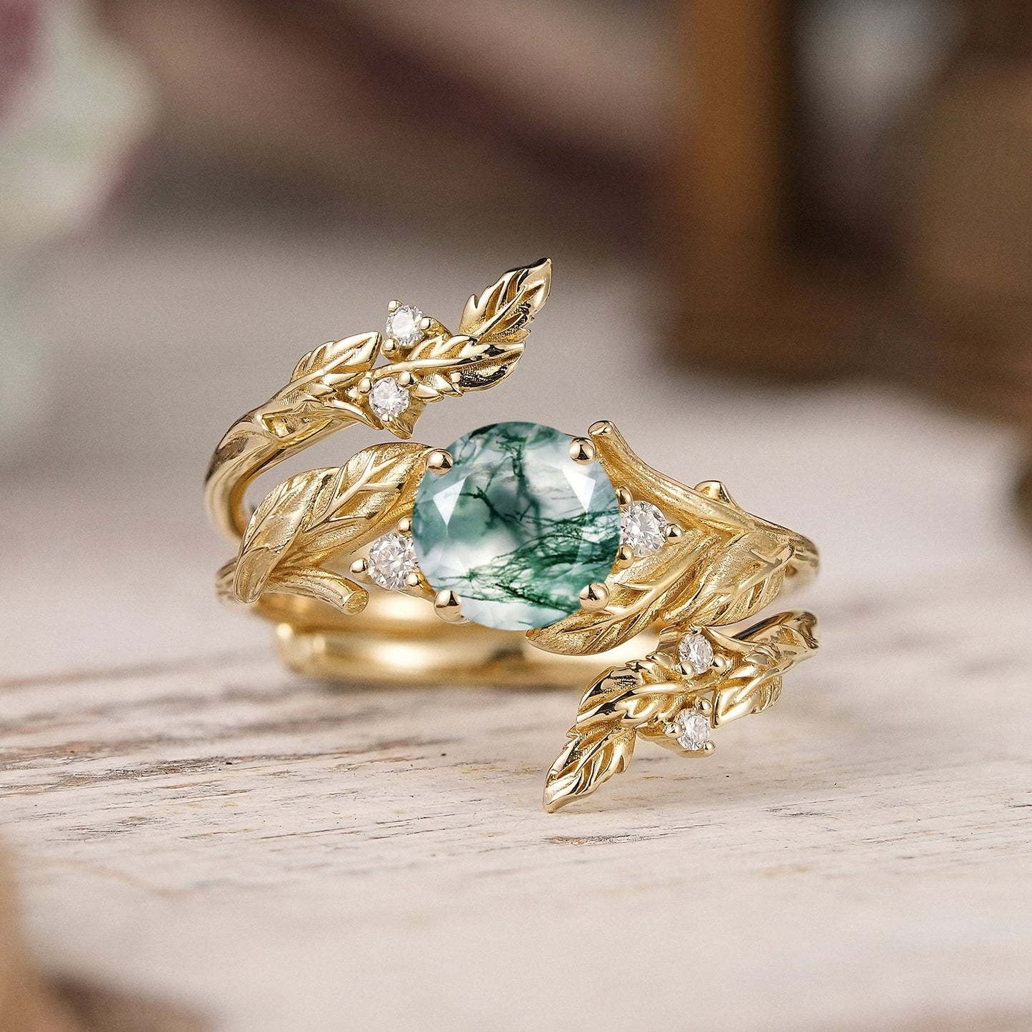 Bark Textured Round Cut Moss Agate Nature Inspired Enhancer Bridal Ring Set - GemsMagic