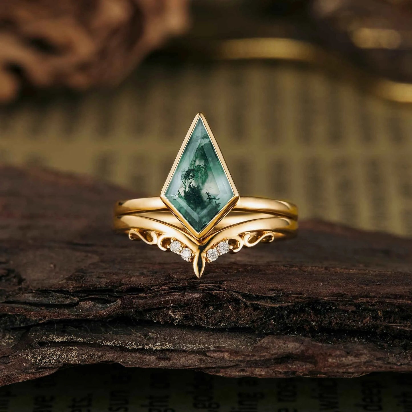 Bezel Kite Cut Moss Agate Ring Set 2pcs - GemsMagic - GemsMagic