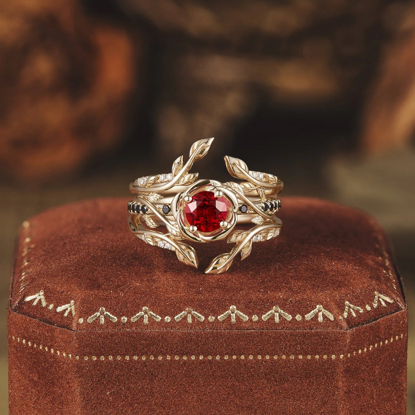 Blooming Rose, Black Onyx and Ruby Ring Set - GemsMagic
