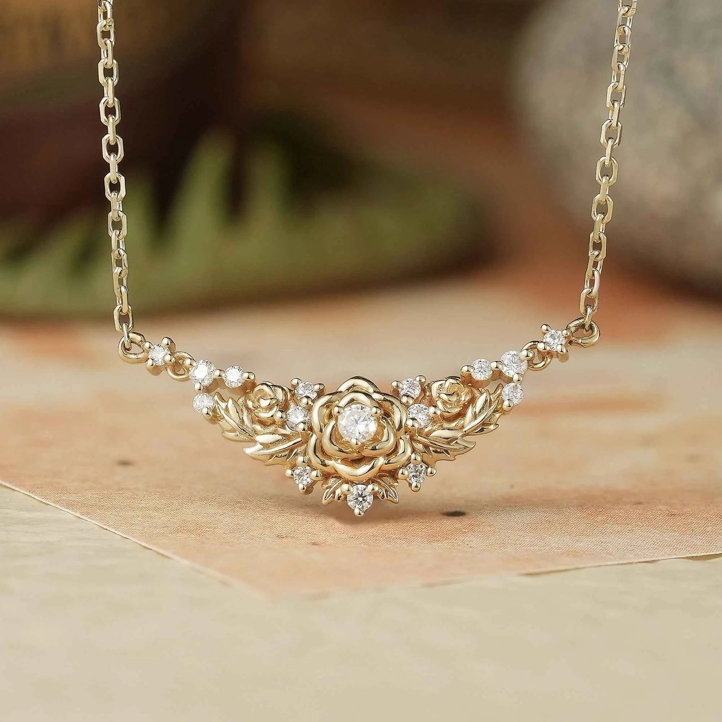 Blooming Rose: Moissanite Floral Leaf Necklace - Calanthe - GemsMagic