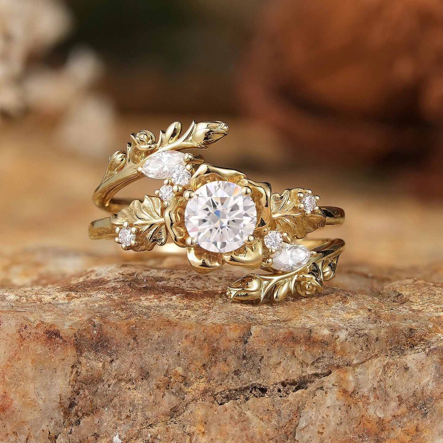 Blooming Rose Moissanite with Rose Buds Ring Set - Yuna - GemsMagic