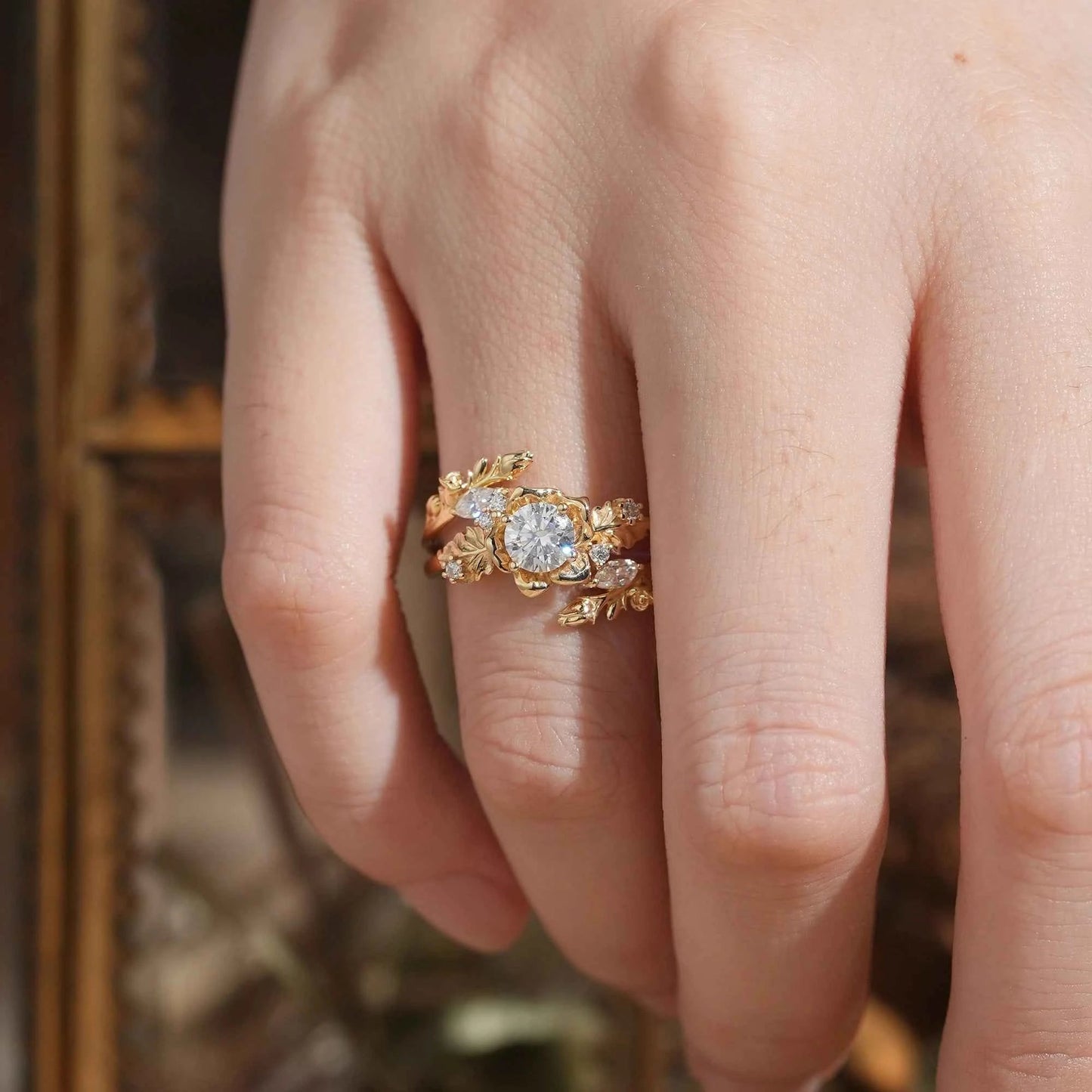 Blooming Rose Moissanite with Rose Buds Ring Set - Yuna - GemsMagic