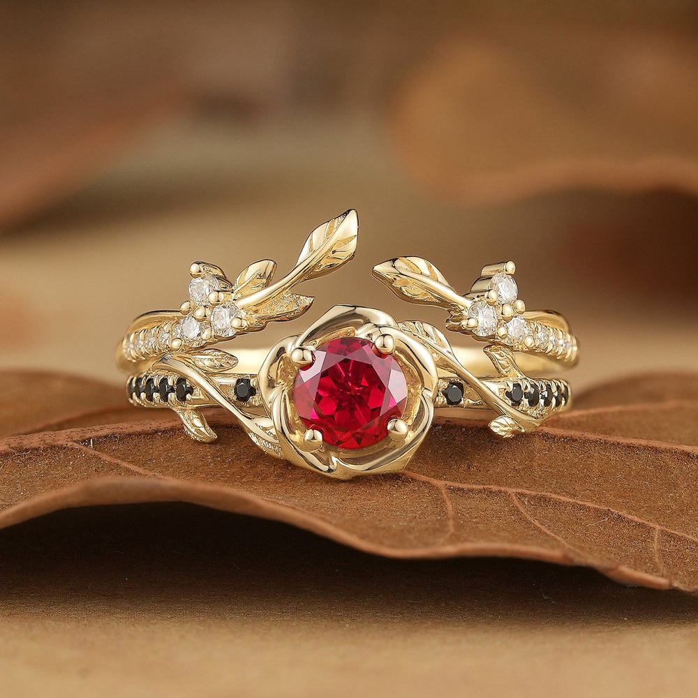 Blooming Rose: Ruby with Black Onyx Ring Set 2pcs- Neriah