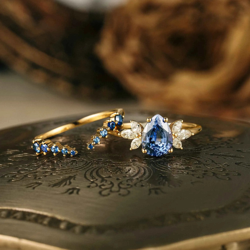 Blue Wisteria Inspired Sapphire Ring Set 2pcs - Freya - GemsMagic
