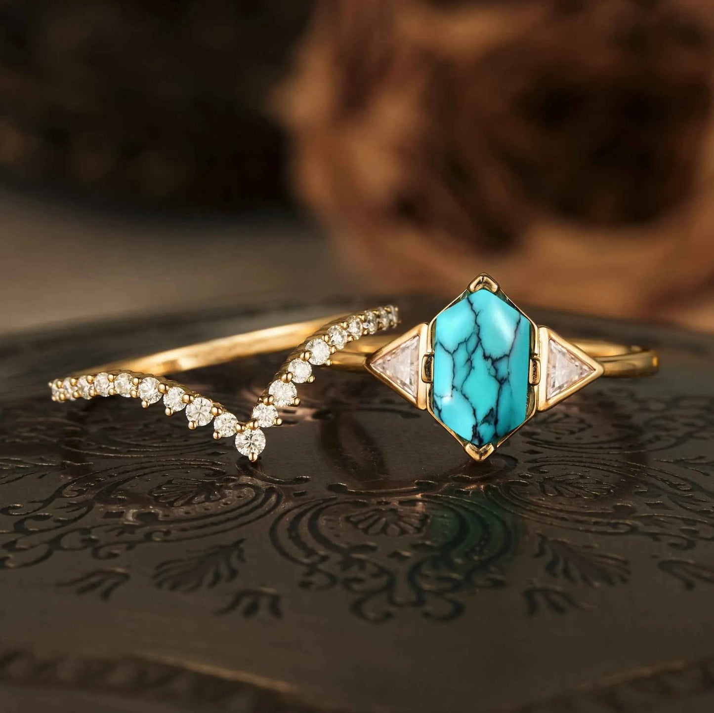Boho Turquoise Engagement Ring Set 2pcs - GemsMagic - GemsMagic