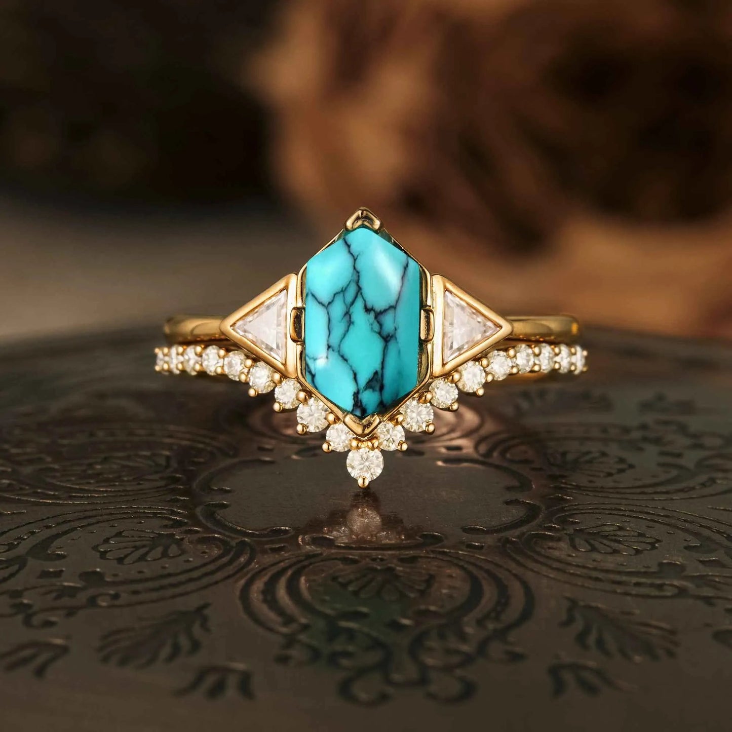 Boho Turquoise Engagement Ring Set 2pcs - GemsMagic - GemsMagic