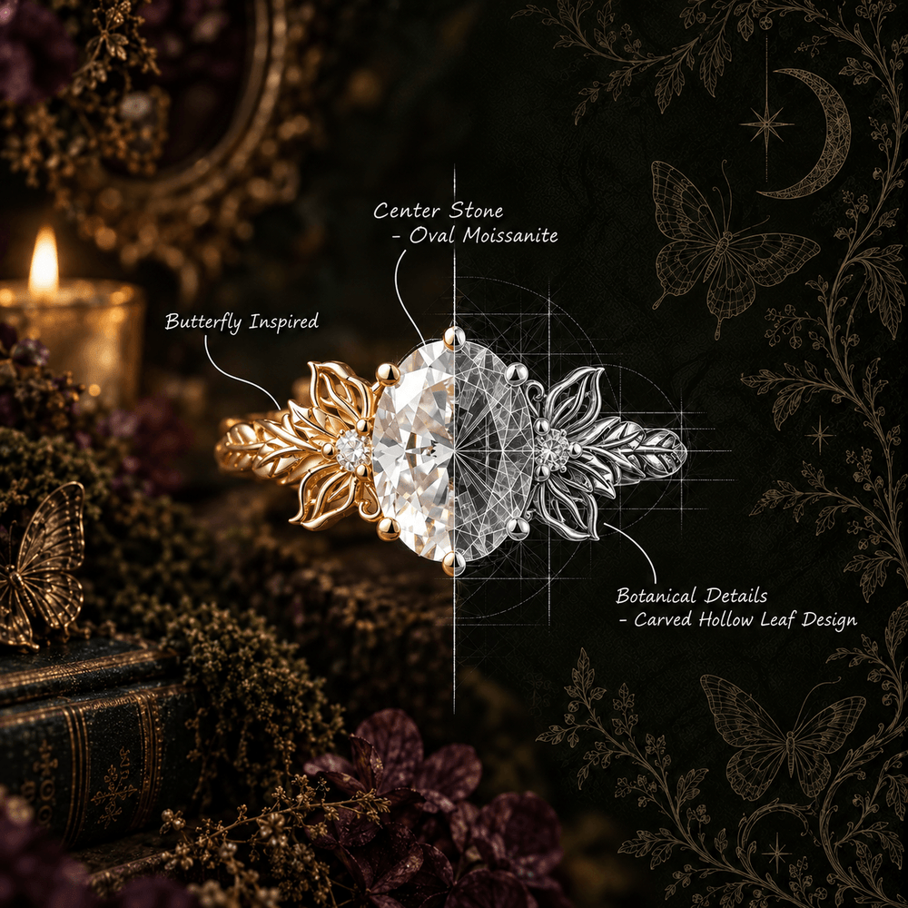 Butterfly Inspired Oval Moissanite Engagement Ring with Carved Hollow Leaf Design - Mariselle | GemsMagic