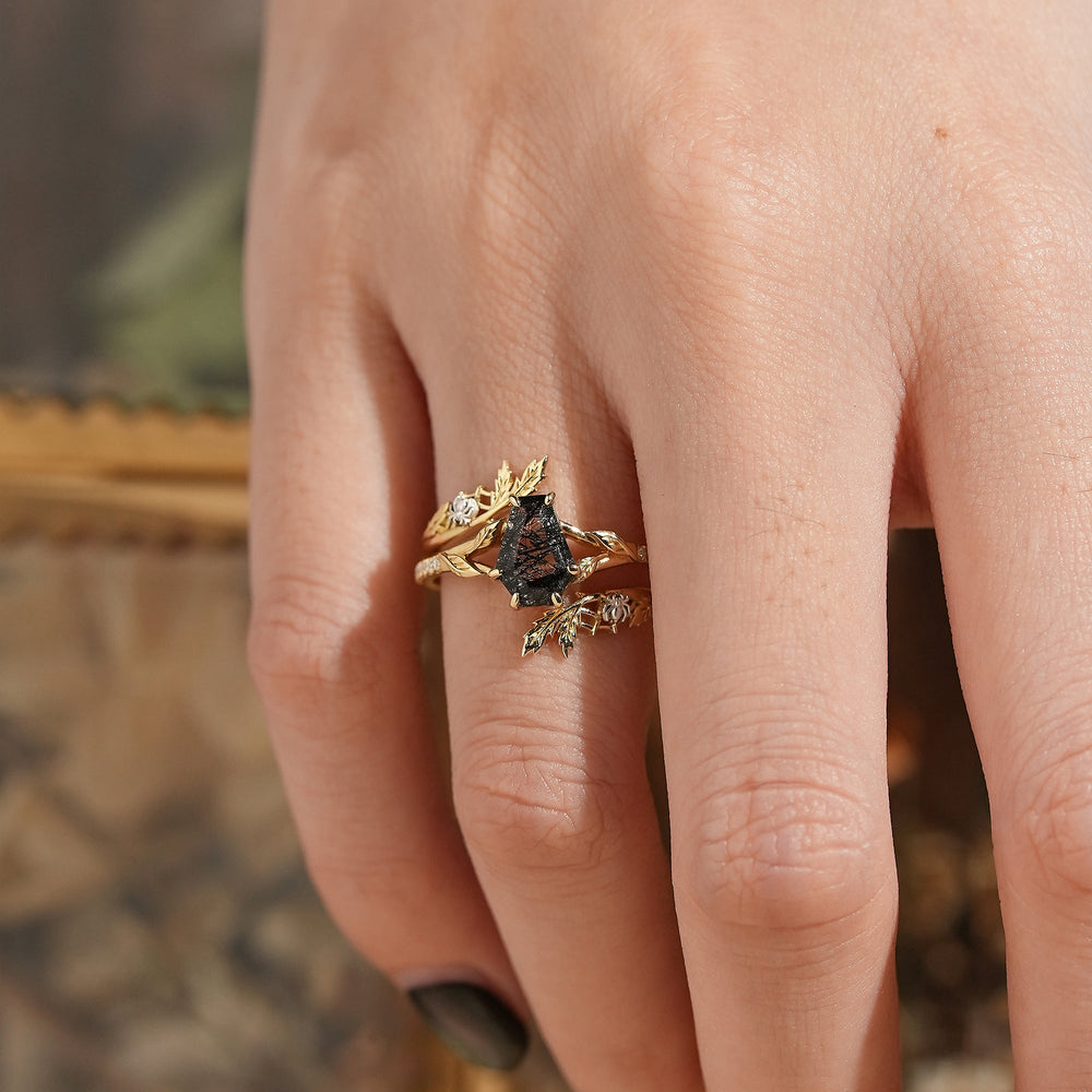 Coffin Cut Black Rutilated Quartz Nature Inspired Bridal Ring Set With Spider Enhancer - Madison - GemsMagic