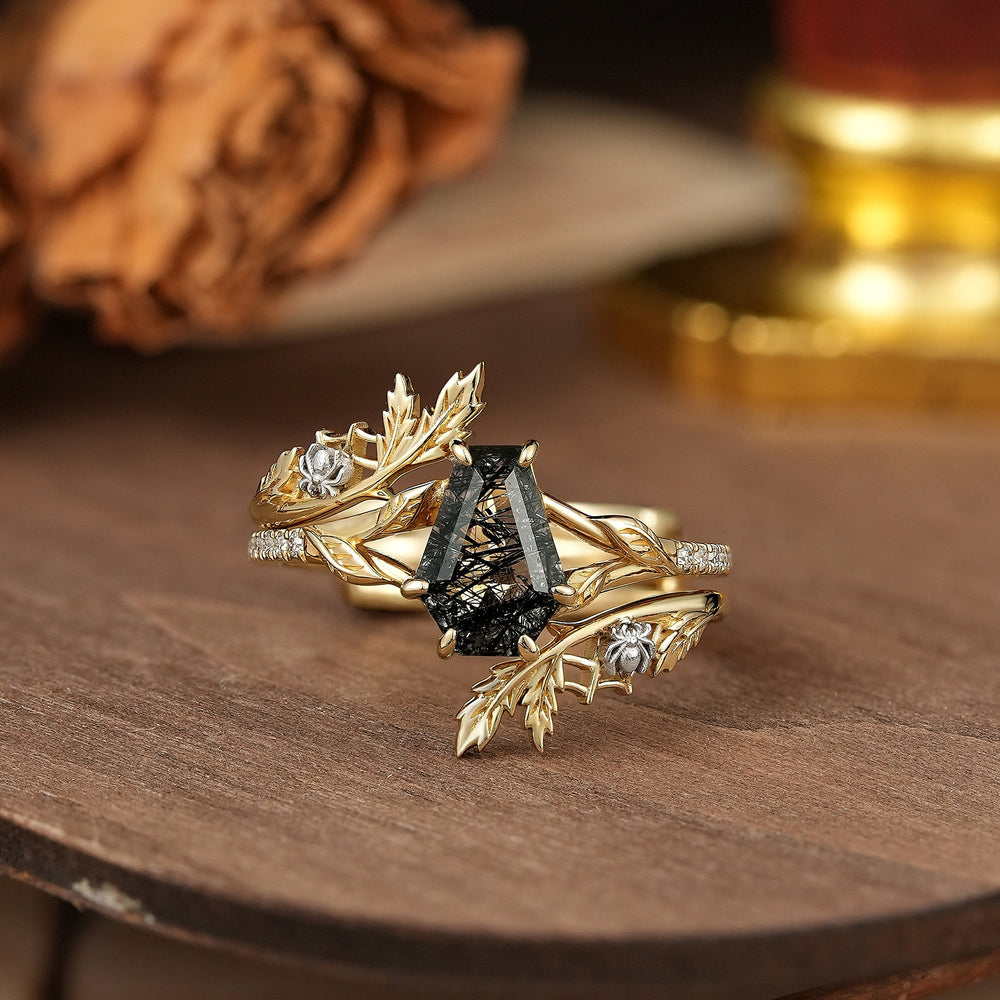 Coffin Cut Black Rutilated Quartz Nature Inspired Bridal Ring Set With Spider Enhancer - Madison - GemsMagic