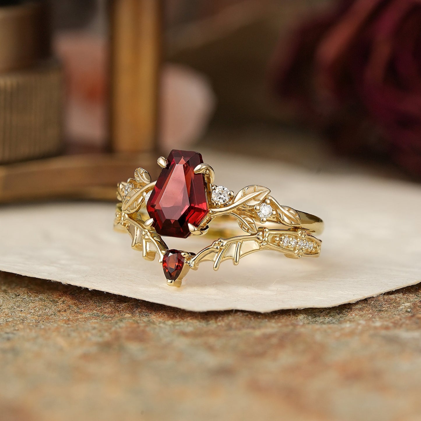 Coffin Cut Garnet Leaf Inspired And Bat Wing Bridal Ring Set - Layla - GemsMagic