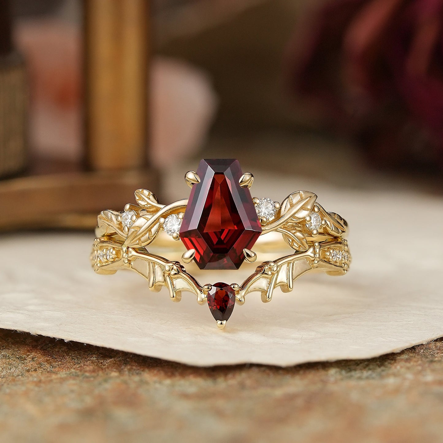 Coffin Cut Garnet Leaf Inspired And Bat Wing Bridal Ring Set - Layla - GemsMagic