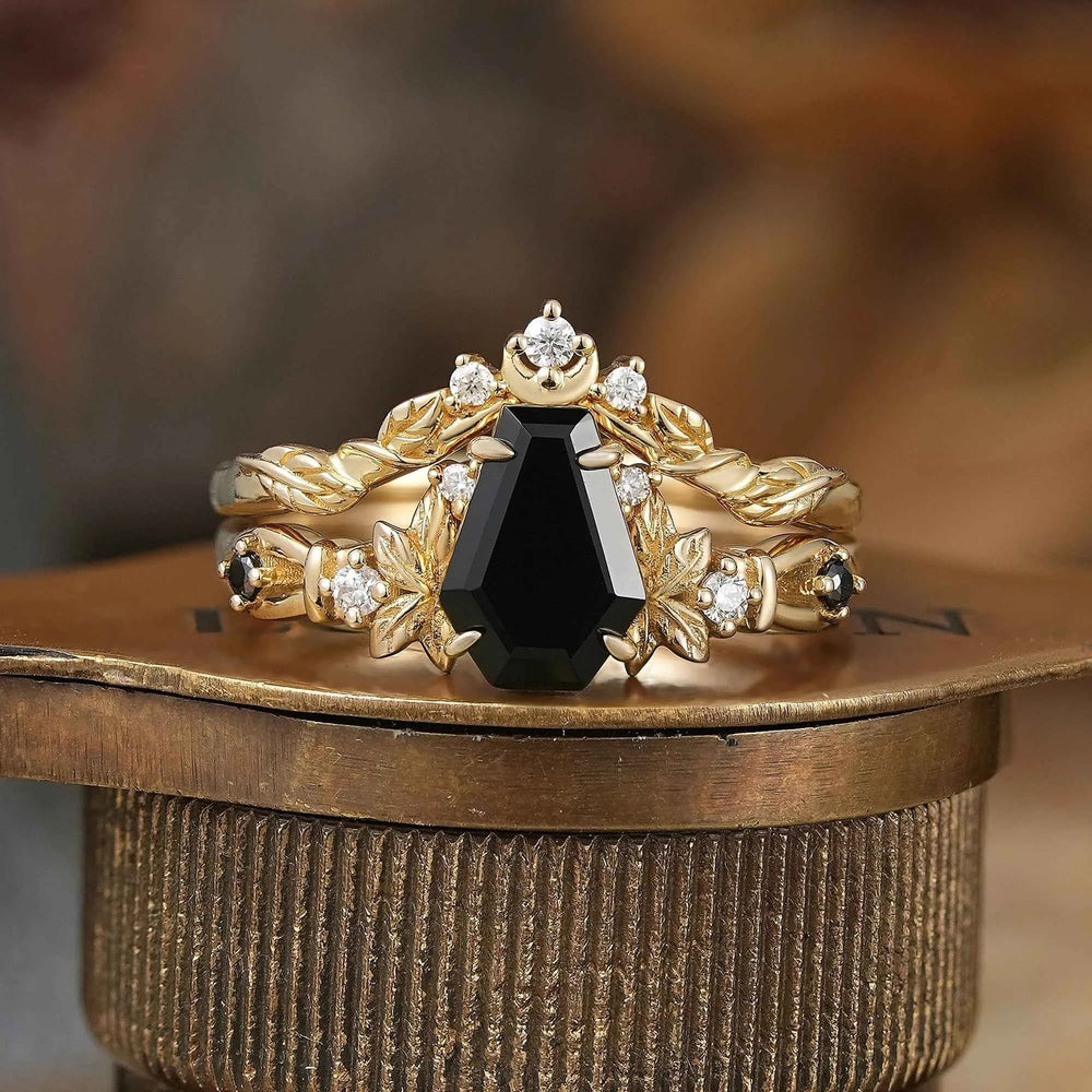 Coffin Cut Onyx Leaf And Moon Inspired Bridal Ring Set - Khaleesi - GemsMagic