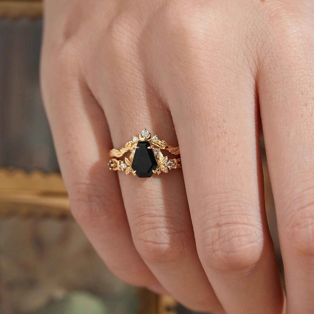 Coffin Cut Onyx Leaf And Moon Inspired Bridal Ring Set - Khaleesi - GemsMagic