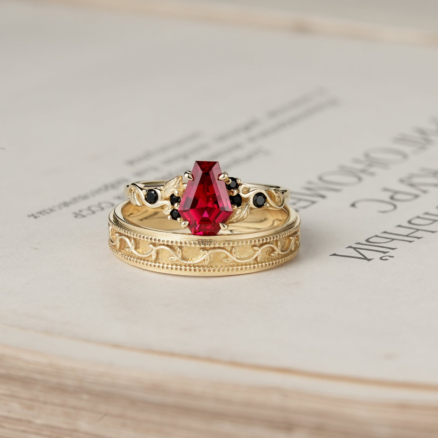Coffin - Cut Ruby Leaf lnspired Couple Ring - Be Mine - GemsMagic