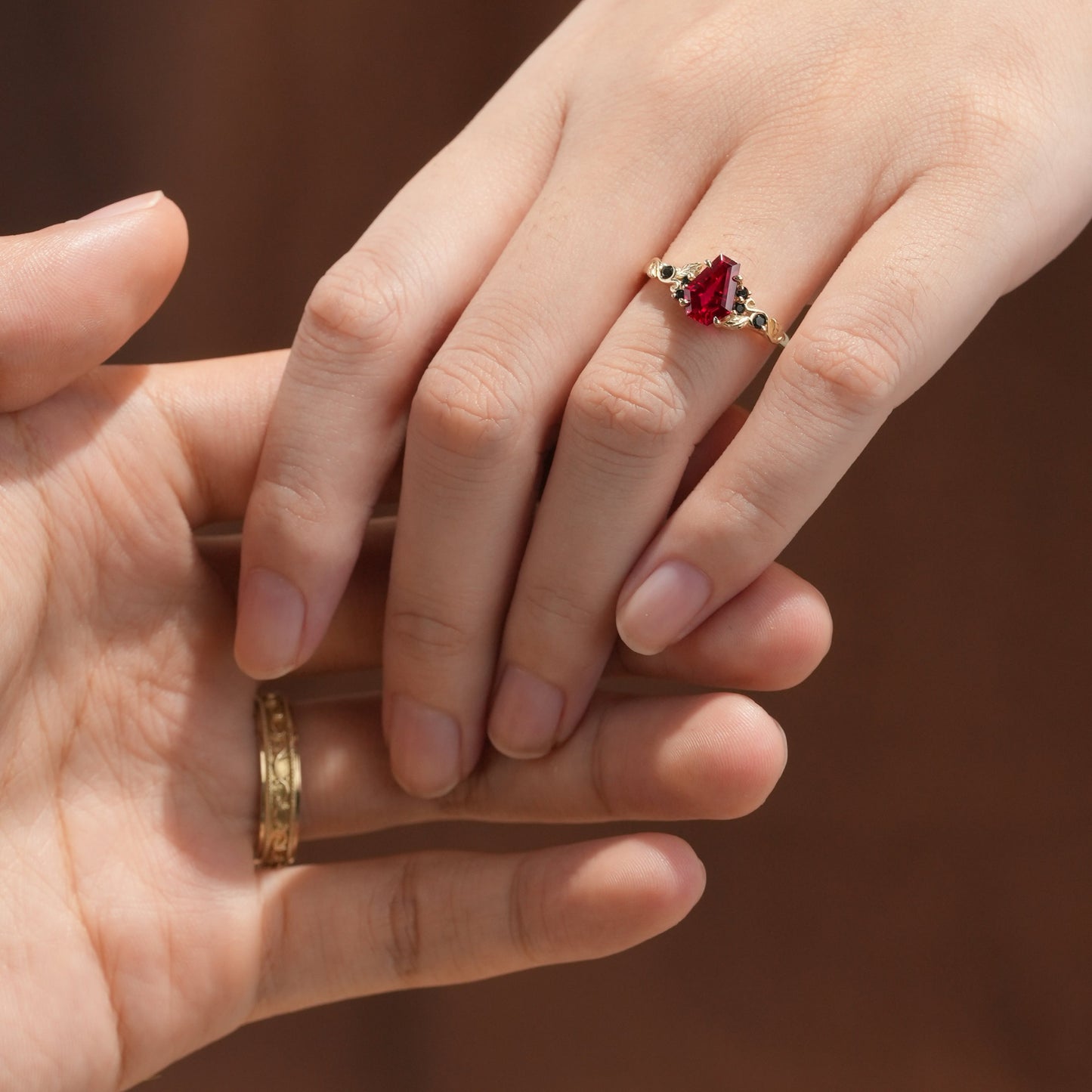 Coffin - Cut Ruby Leaf lnspired Couple Ring - Be Mine - GemsMagic