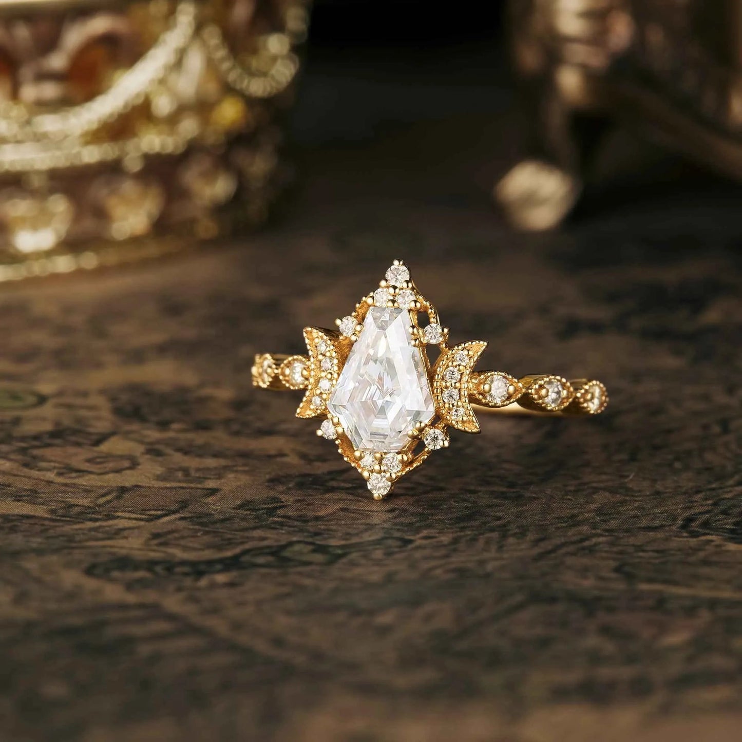 Coffin Shaped Moissanite Cluster Engagement Ring - GemsMagic - GemsMagic