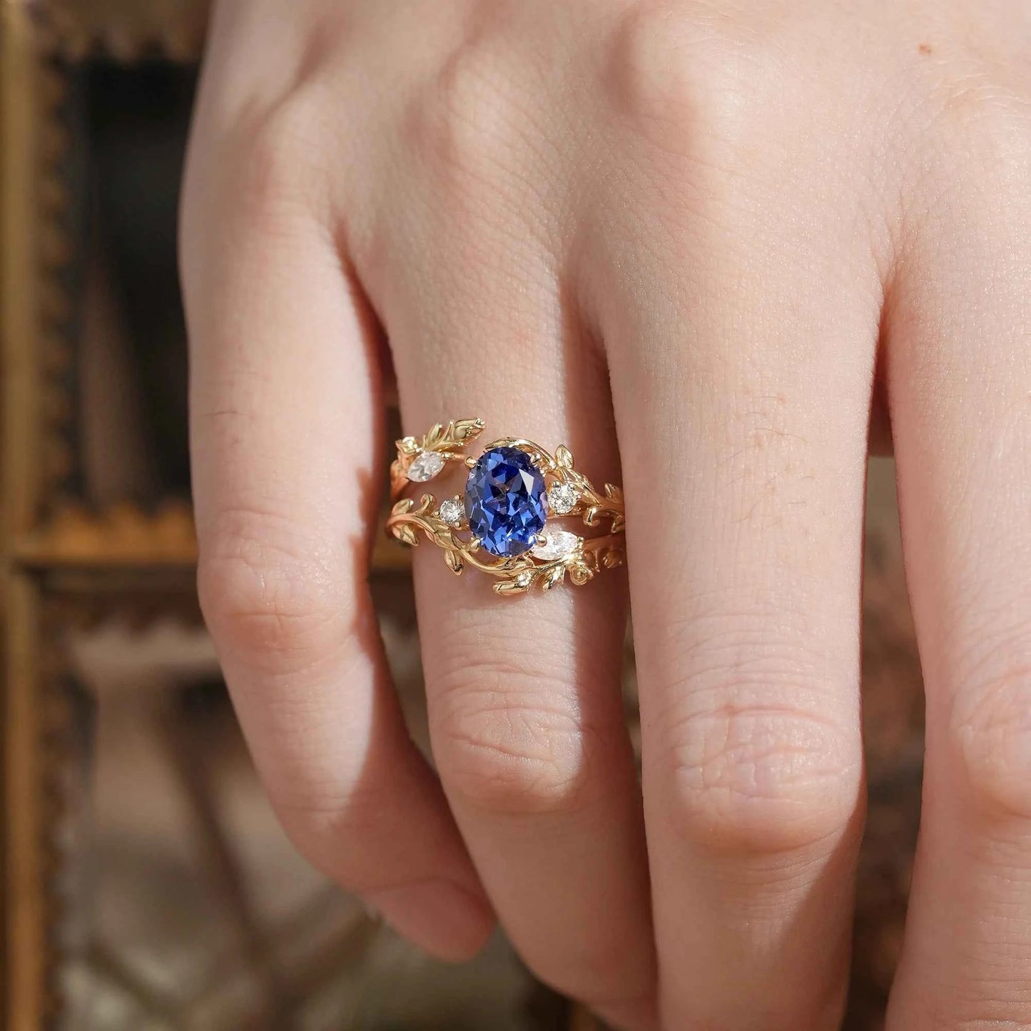 Cornflower Sapphire with Rose Buds Enhancer Ring Set - Leona - GemsMagic