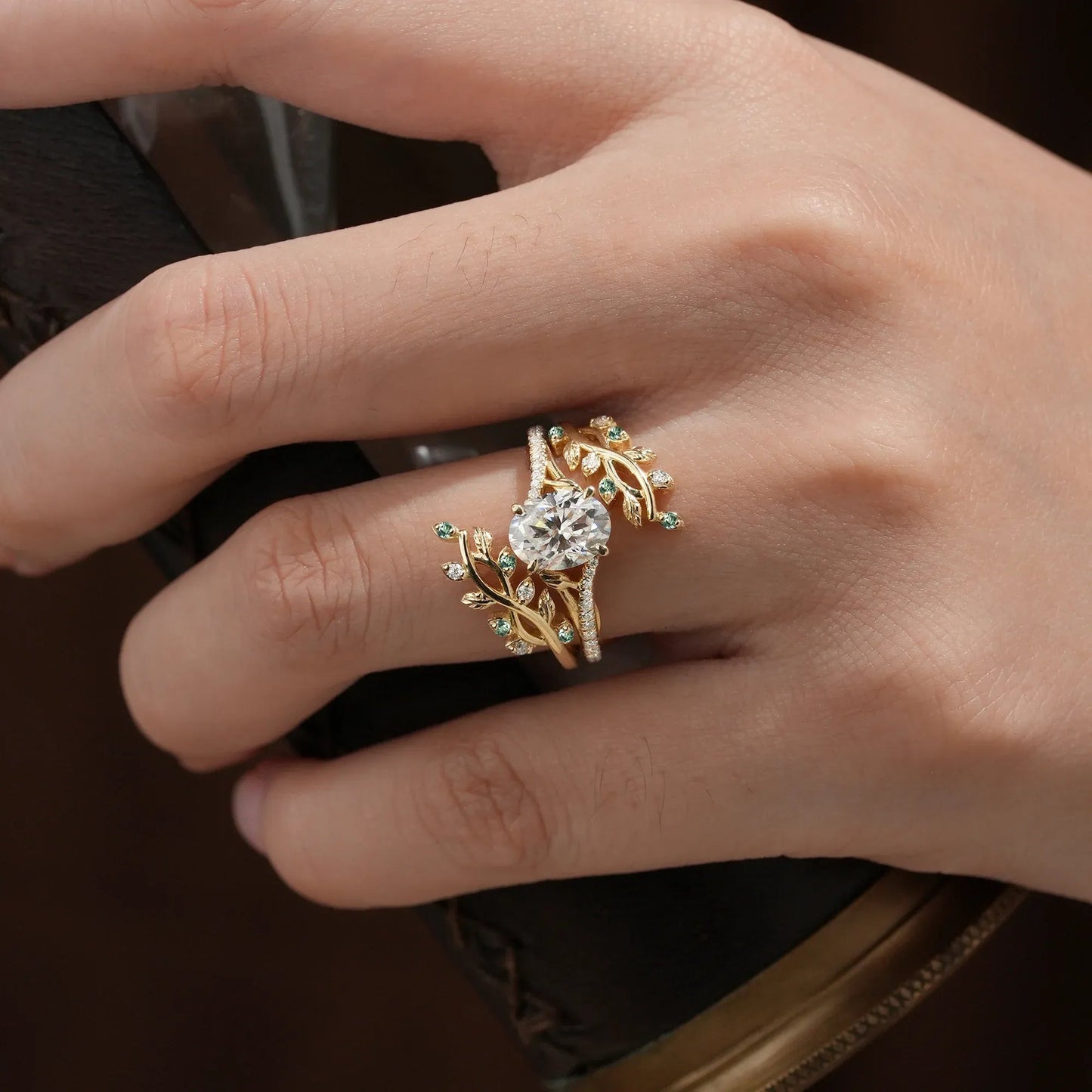 Cross Vine Moissanite and Green Sapphire Ring Set - Lillian - GemsMagic