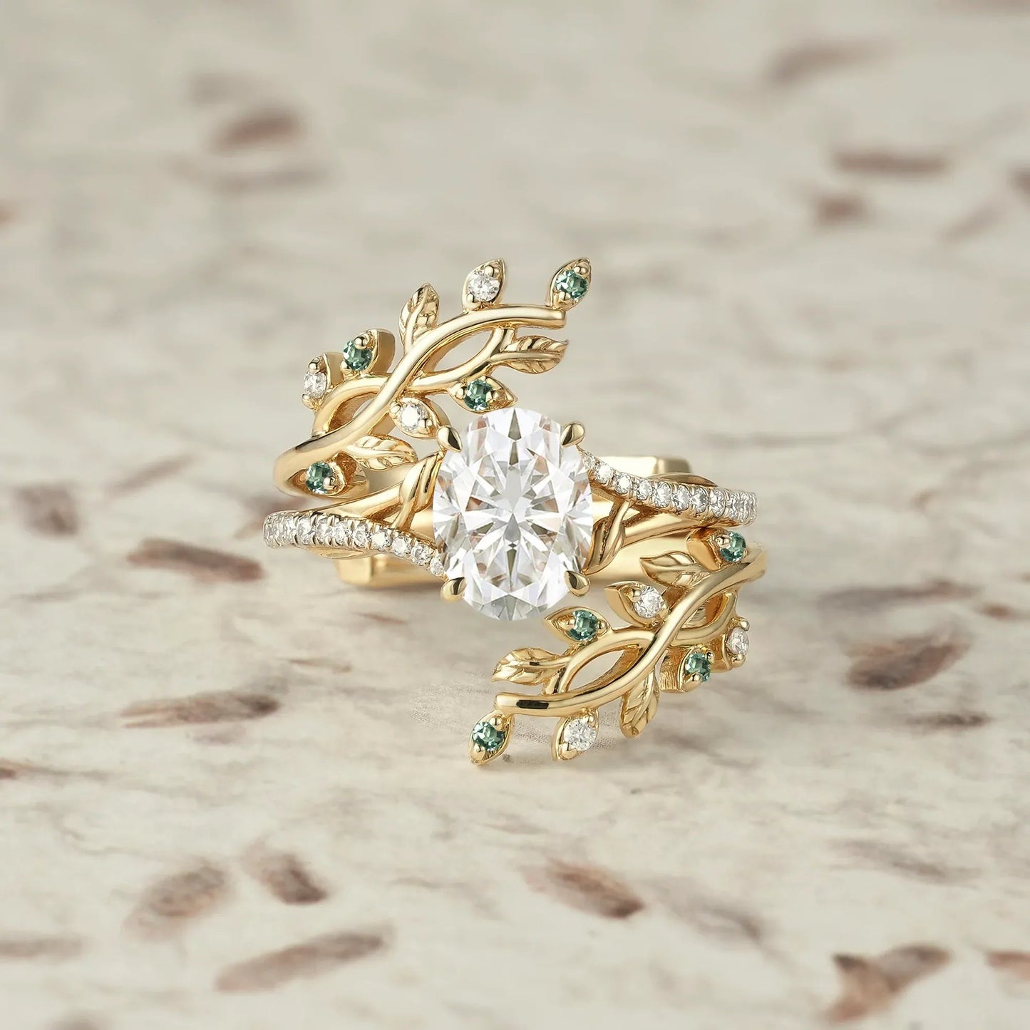Cross Vine Moissanite and Green Sapphire Ring Set - Lillian - GemsMagic