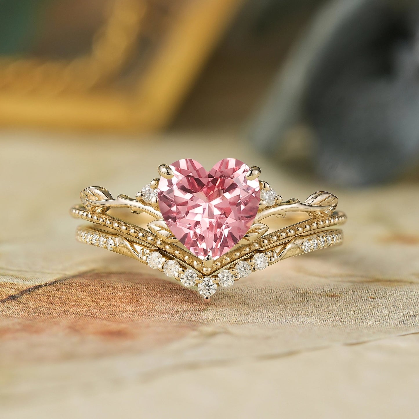 Crown Inspired Heart Shaped Padparadscha Engagement Ring Set - Imogen - GemsMagic