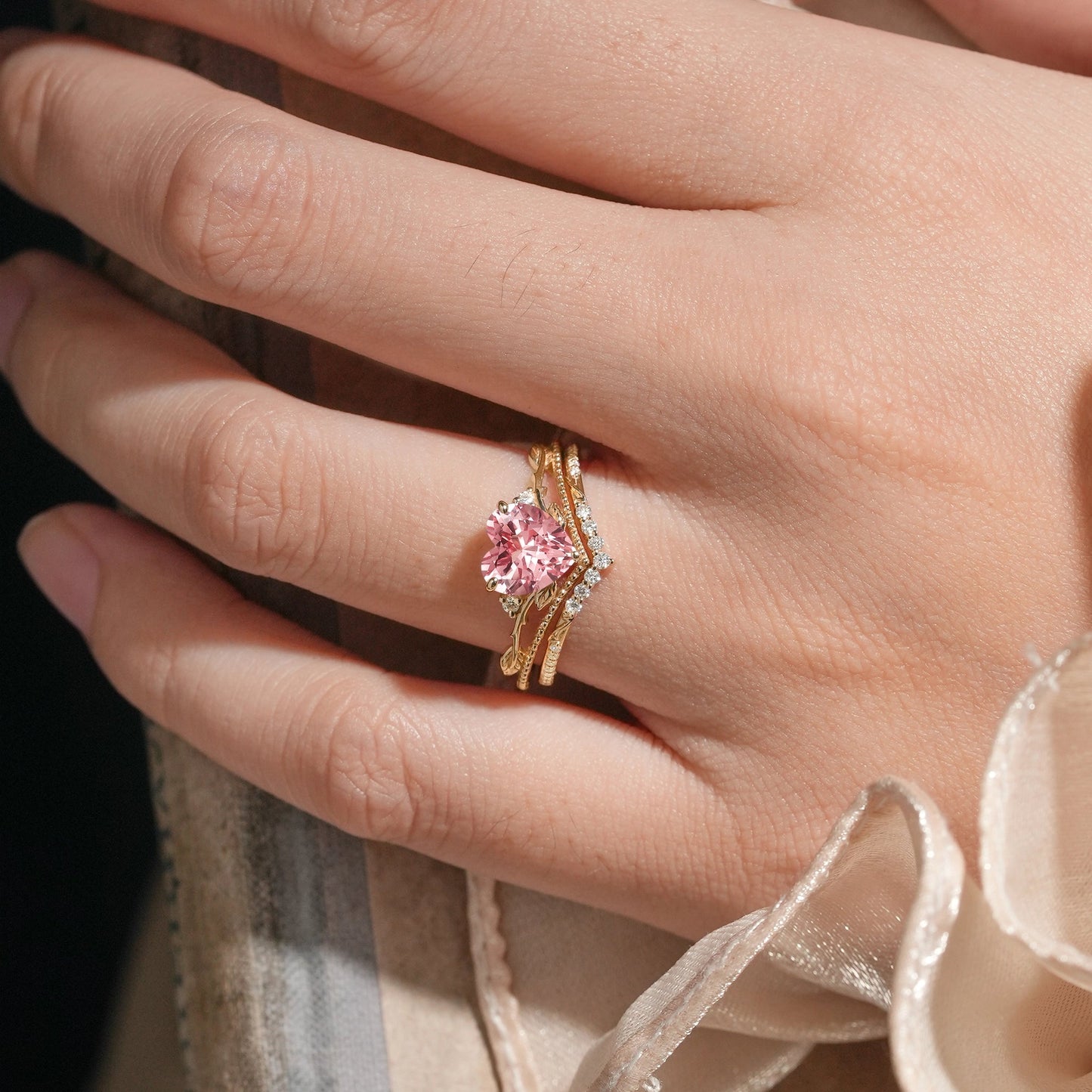 Crown Inspired Heart Shaped Padparadscha Engagement Ring Set - Imogen - GemsMagic