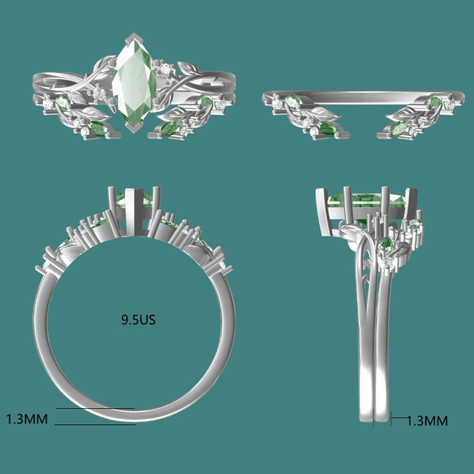 Custom Marquise Cut Moss Aagte Bridal Ring Set For Abby lem - GemsMagic