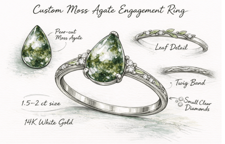 Custom Pear Cut Moss Agate Engagement Ring For Taylor Condit - GemsMagic