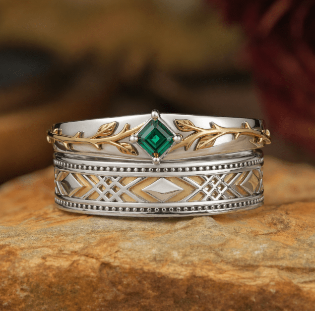Custom Princess Cut Emerald Mixed Metal Milgrain Couple Wedding Set For G Locke - GemsMagic