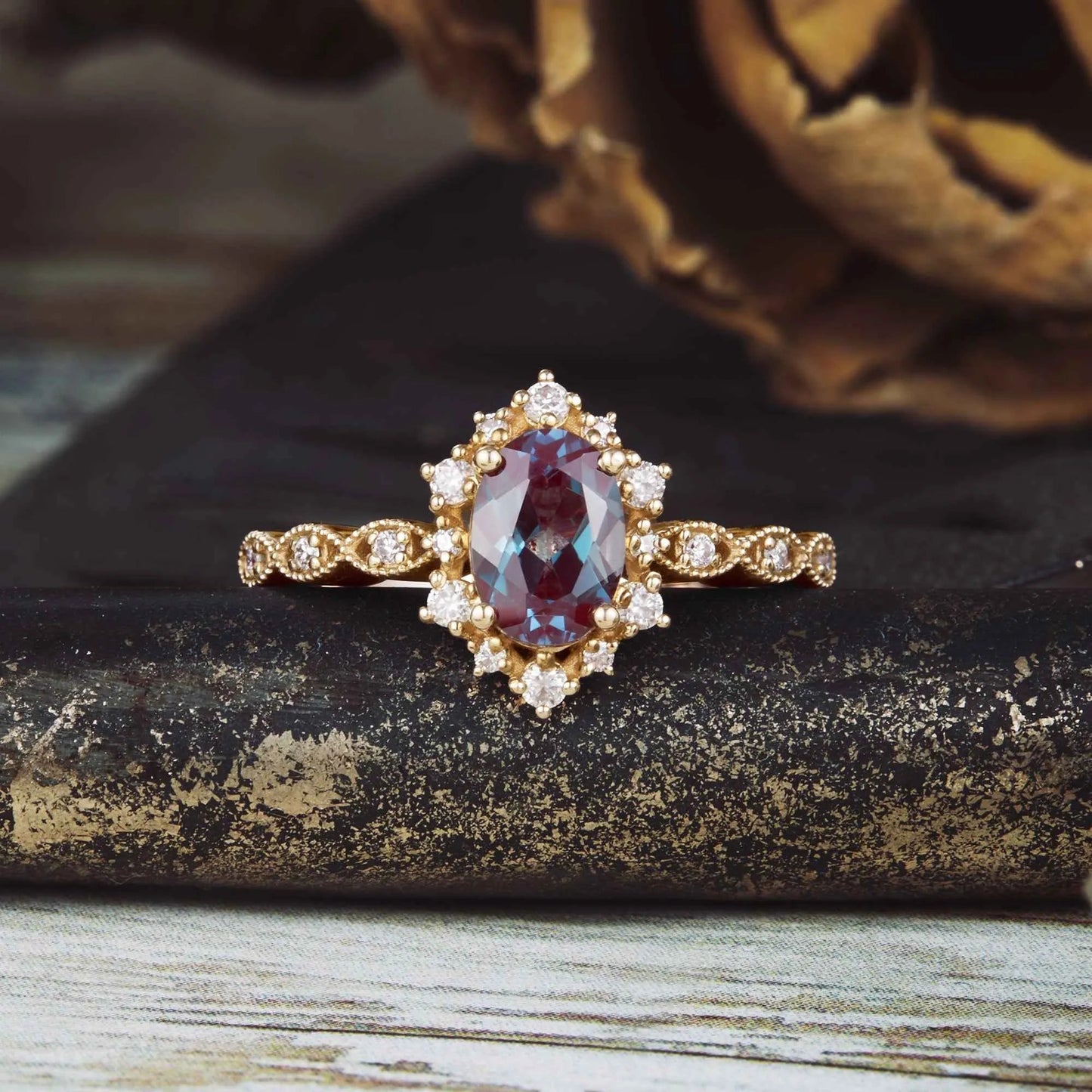 Delicate Oval Alexandrite Cluster Engagement Ring - GemsMagic - GemsMagic