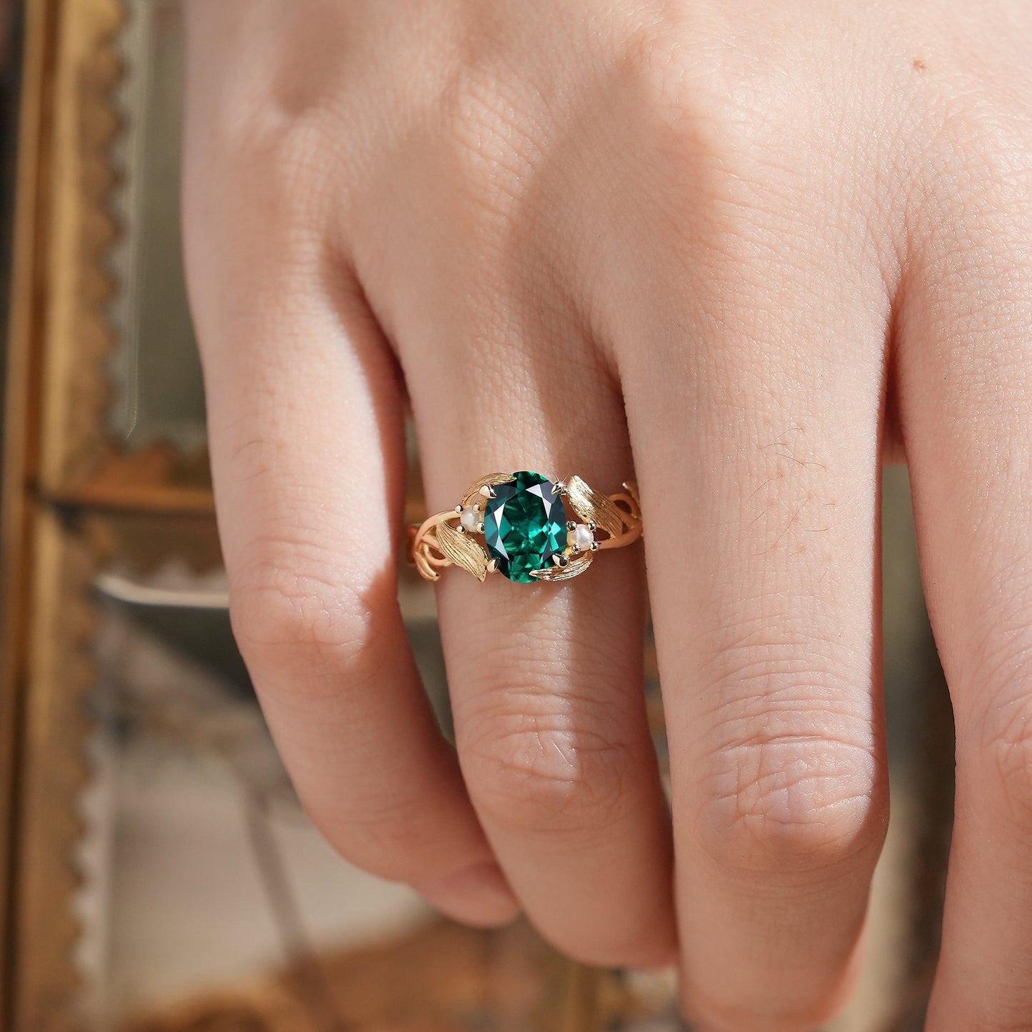Elegant Oval Cut Emerald Brushed Gold Leaf Ring - Thea (925 Silver) - GemsMagic