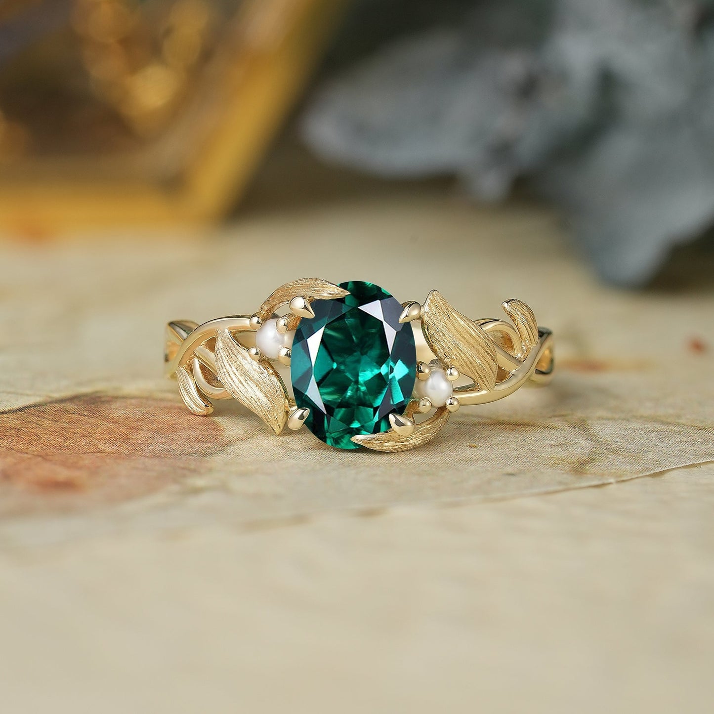 Elegant Oval Cut Emerald Brushed Gold Leaf Ring - Thea (925 Silver) - GemsMagic