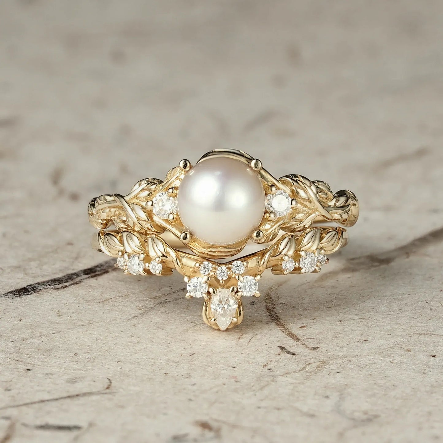 Embrace of Nature: Pearl Leaf Ring Set - GemsMagic