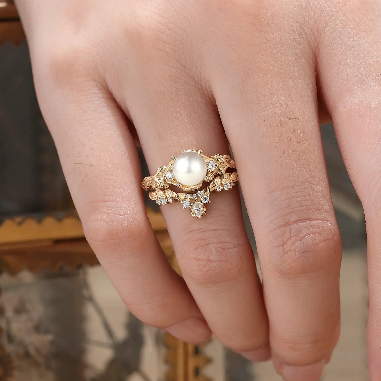 Embrace of Nature: Pearl Leaf Ring Set - GemsMagic