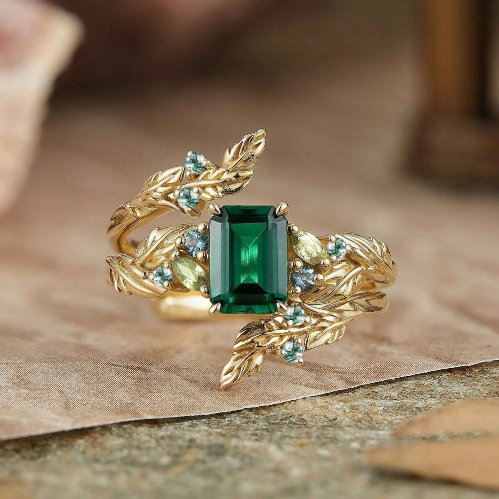 Emerald Cut Emerald Leaf Enhancer Ring Nature Inspired Bridal Ring Set 2pcs - Megan