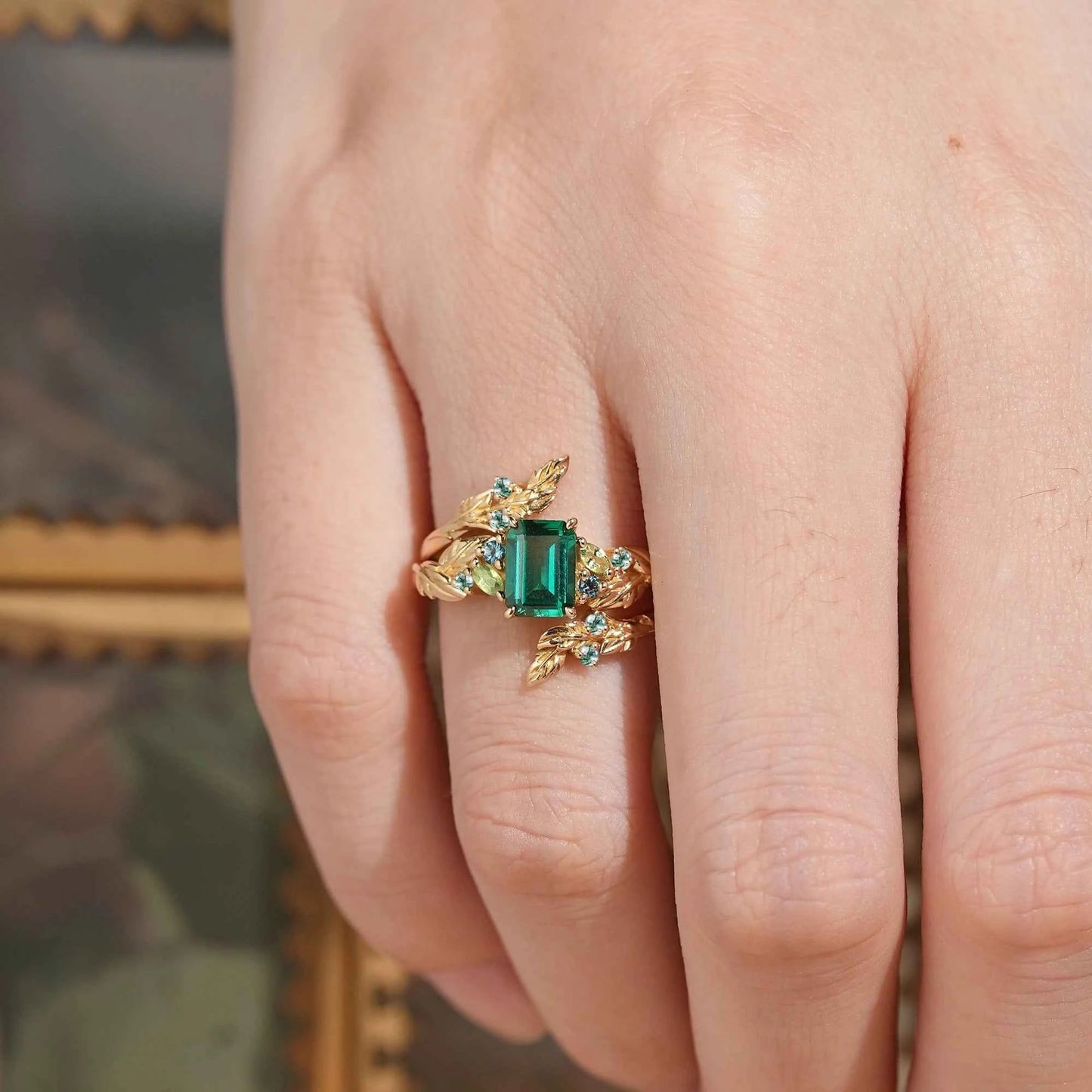 Emerald Cut Emerald Leaf Enhancer Ring Nature Inspired Bridal Ring Set 2pcs - Megan - GemsMagic