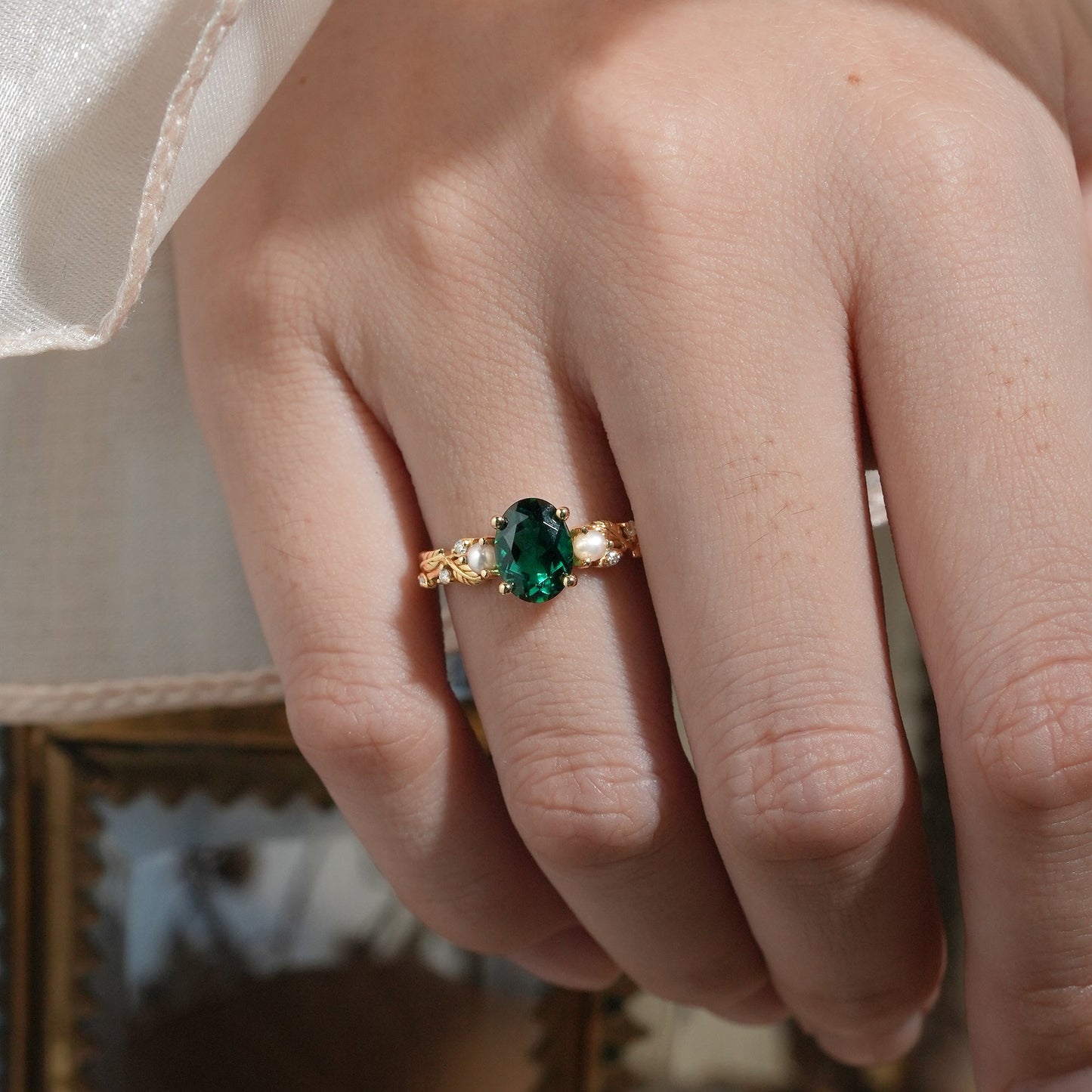 Emerald Leaf Vine Ring with Pearls & Moissanite - Orla (925 Silver) - GemsMagic