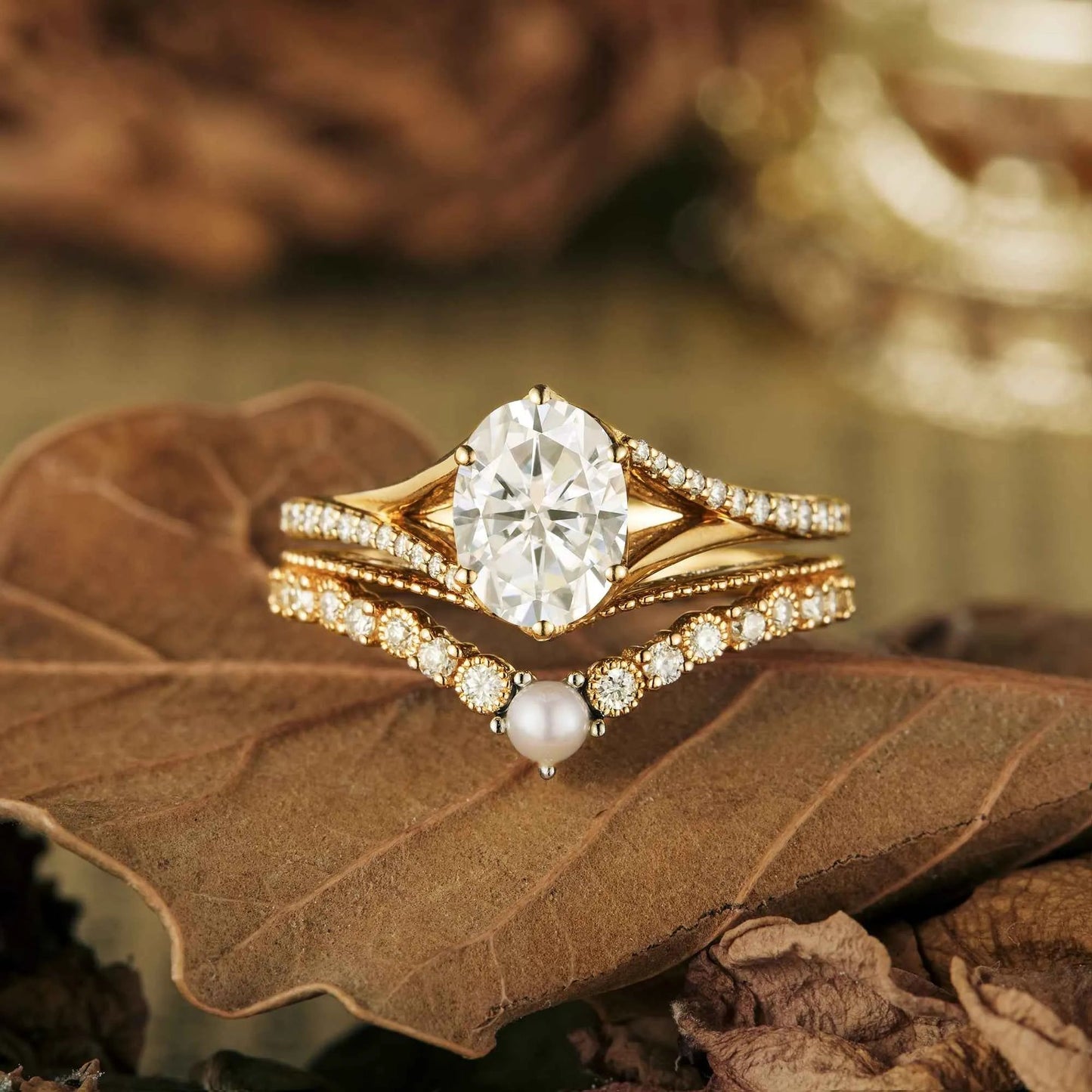 Exquisite Oval Moissanite Peekaboo Ring Set 2pcs - GemsMagic - GemsMagic