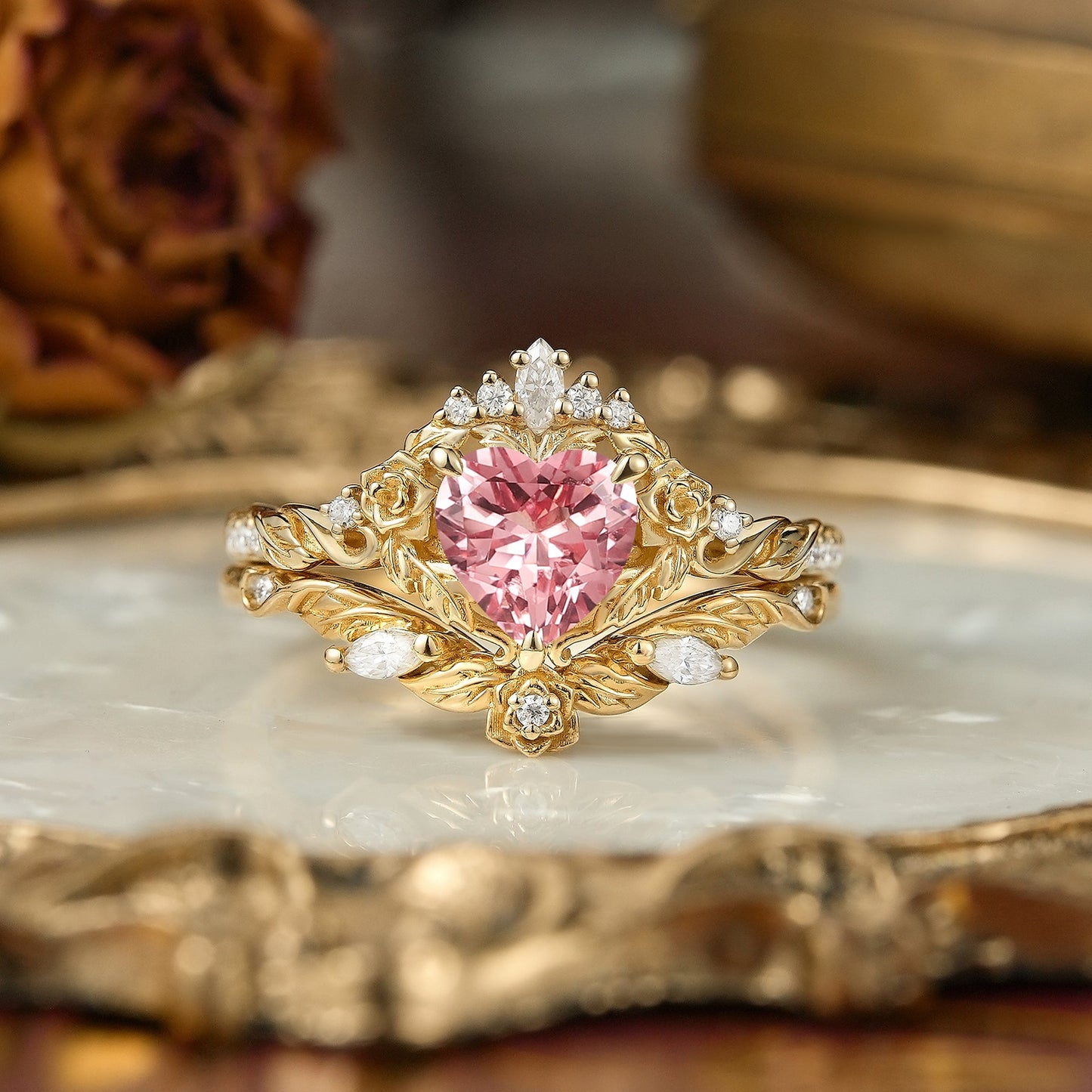 Flower Inspired Heart Cut Pink Padparadscha Sapphire Bridal Ring Set - Larissa & Beverly - GemsMagic