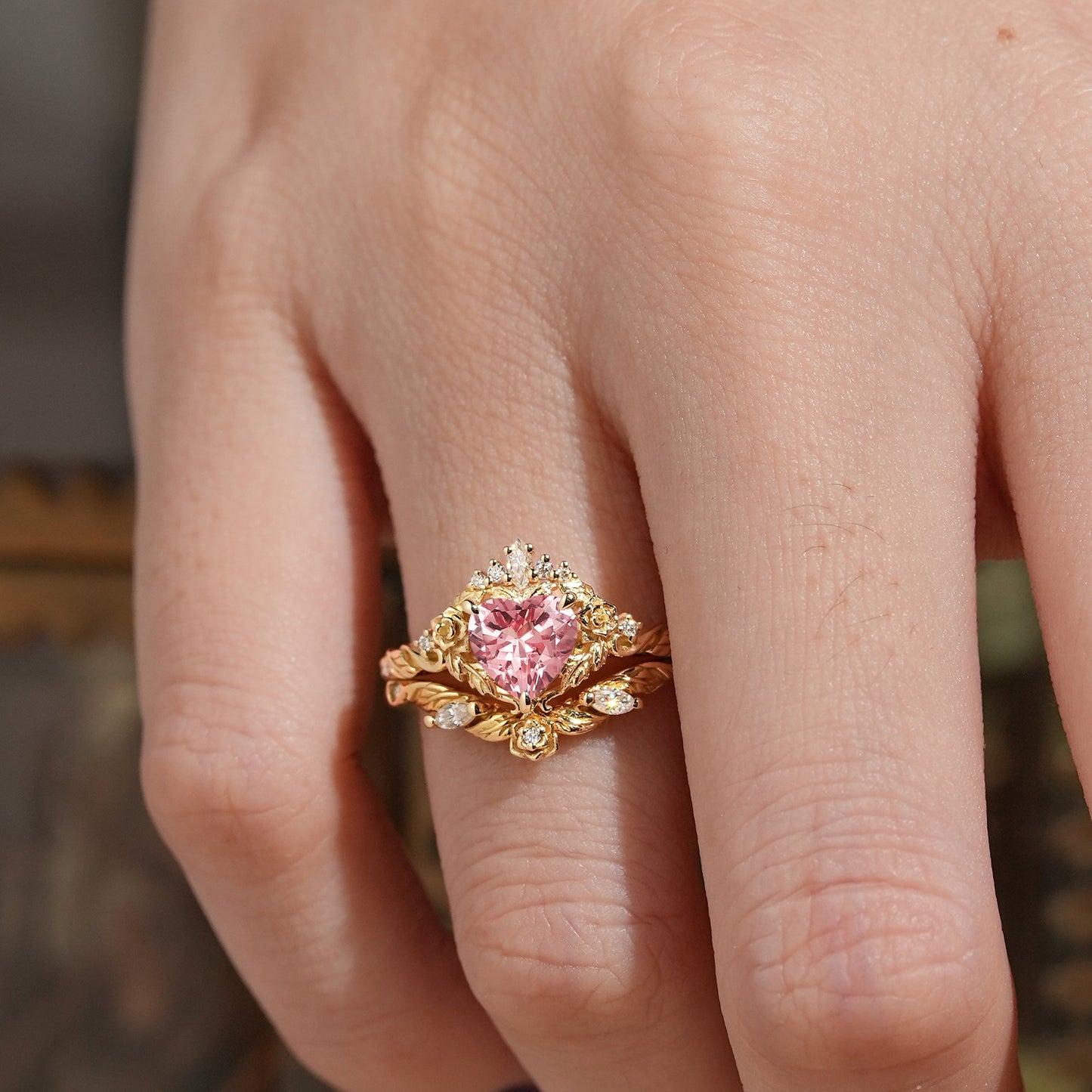 Flower Inspired Heart Cut Pink Padparadscha Sapphire Bridal Ring Set - Larissa & Beverly - GemsMagic
