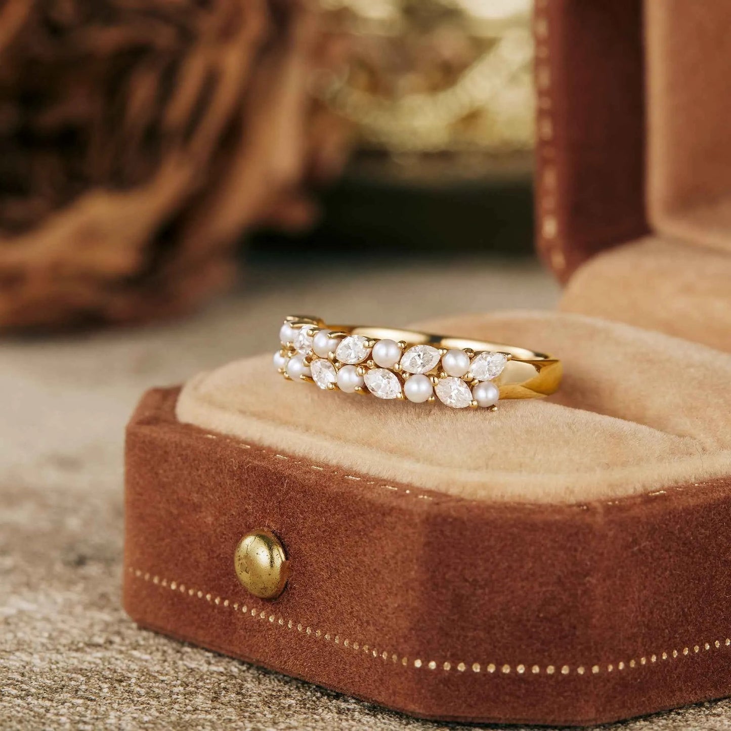 Freshwater Pearl & Moissanite Wedding Band - GemsMagic - GemsMagic