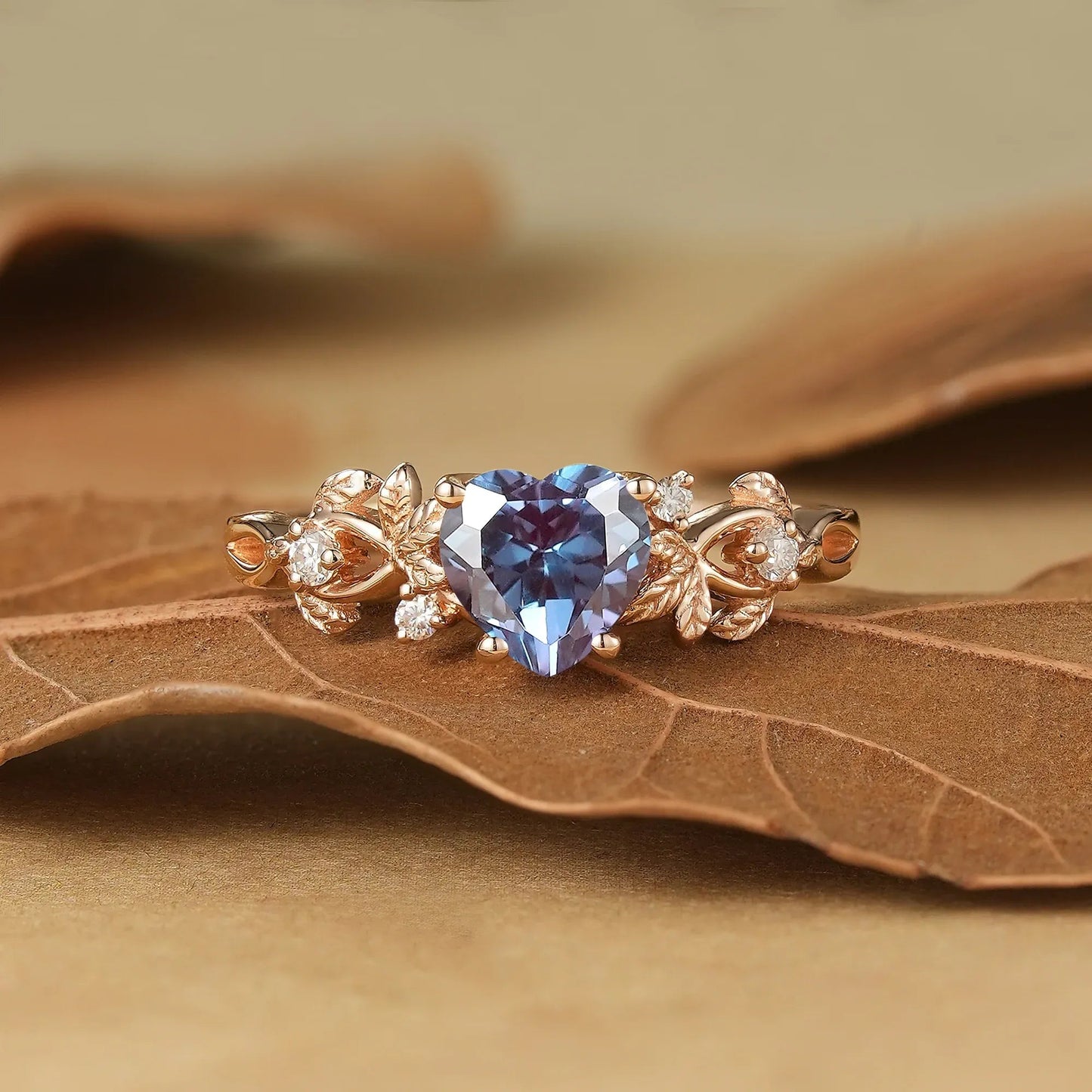 Gold Leaf - Inspired Heart Shaped Alexandrite Engagement Ring - Poppy - GemsMagic